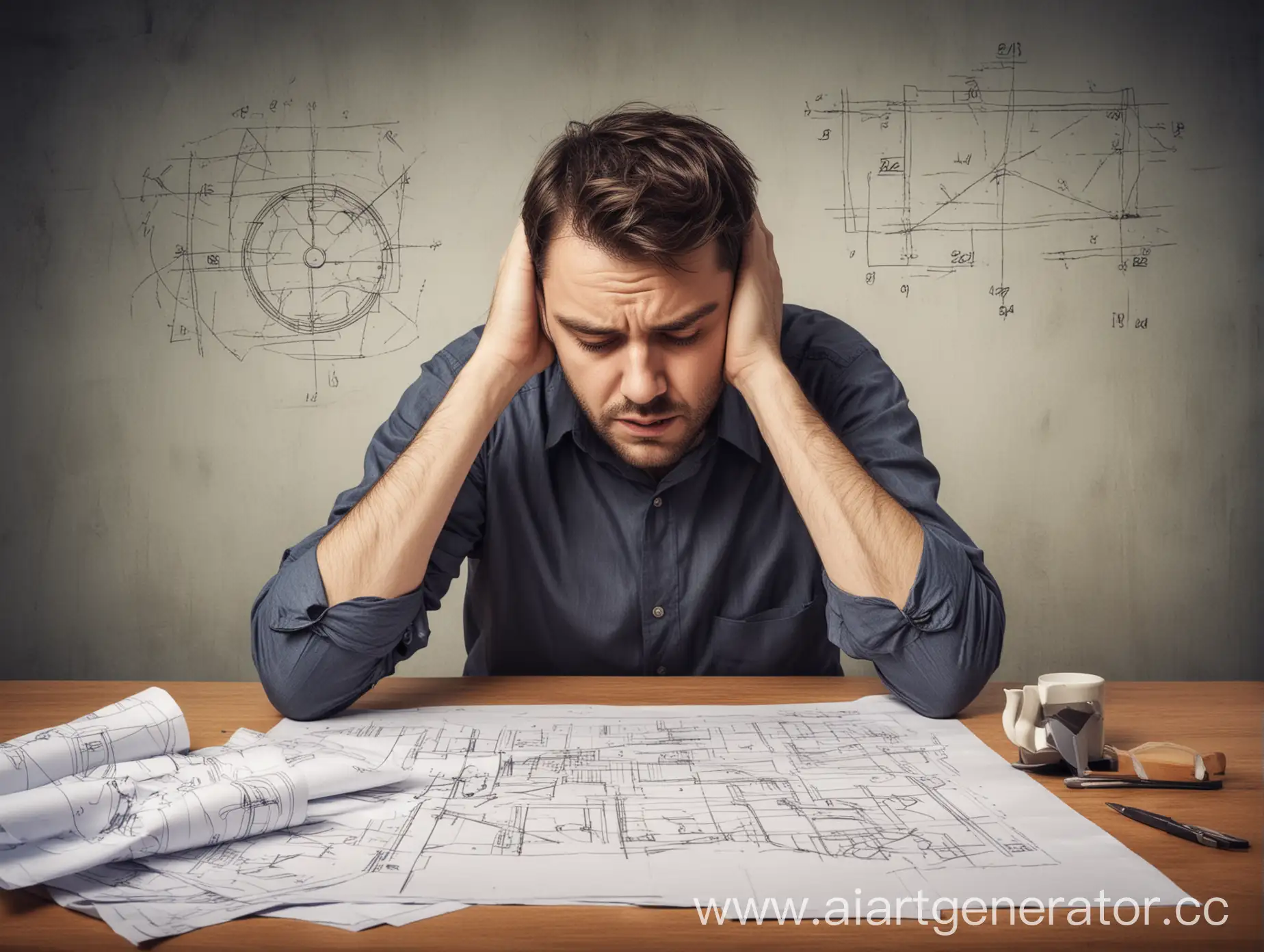 Exhausted-Man-Working-with-Project-Blueprints-Symbolizing-Routine-and-Errors