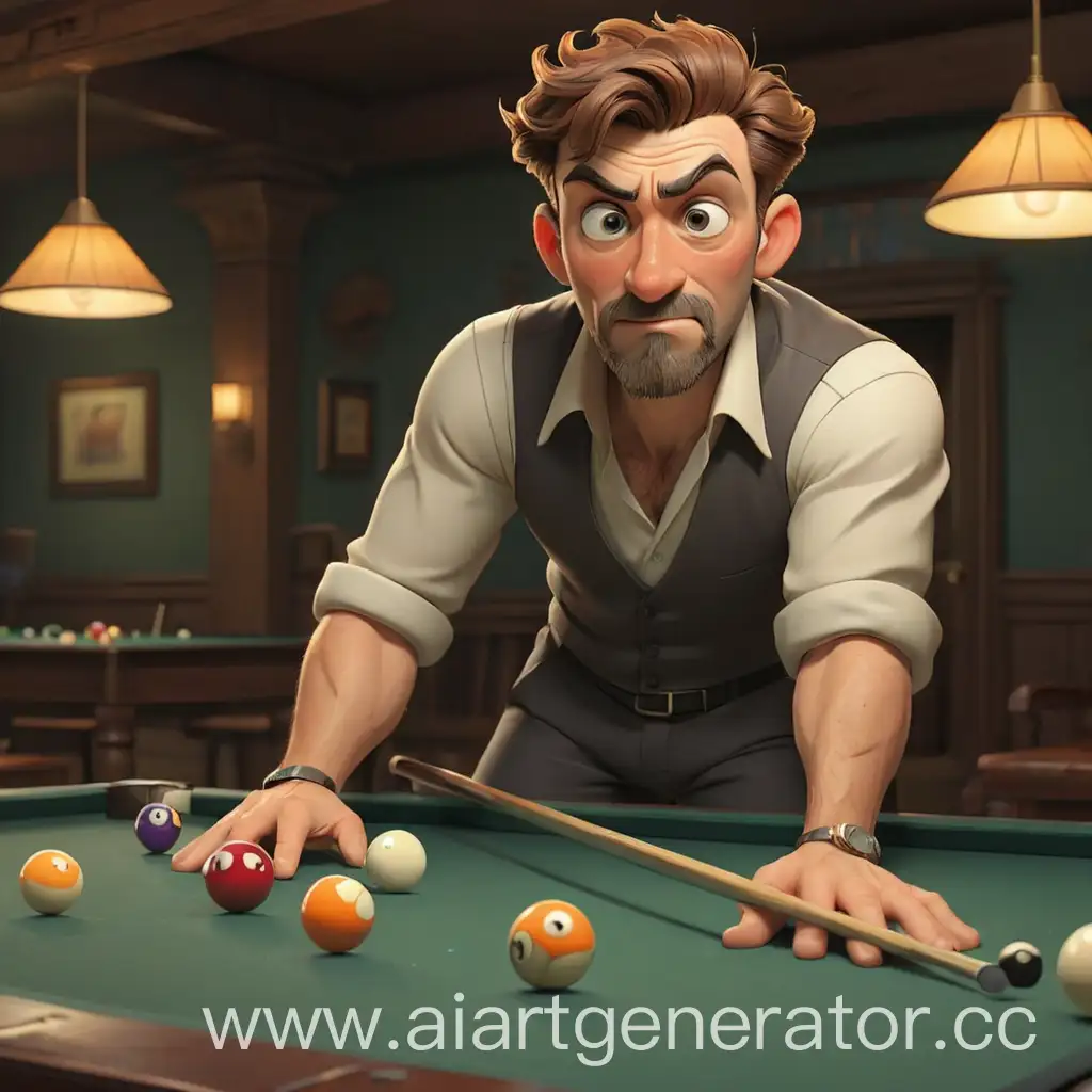 Cartoon-Man-Playing-Billiards-with-Concentration
