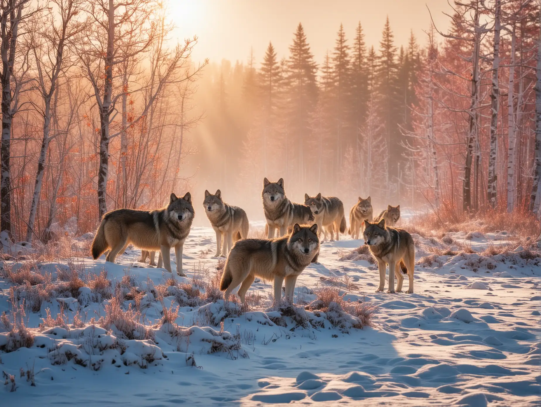 wolfsrudel von 5 wölfen in winterlicher, monumentaler landschaft, sibirien, farbenfroh, zauberhaft, sonnig