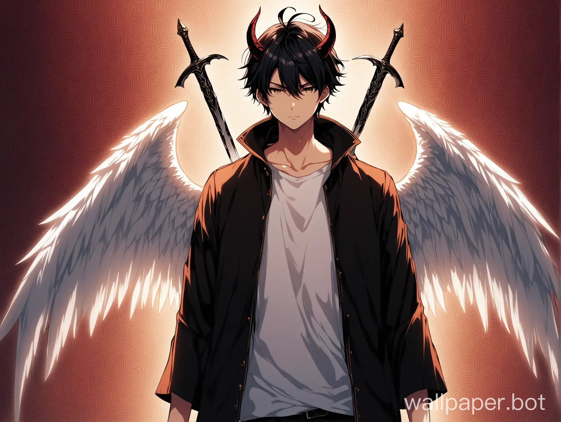 make me a landscape anime wallpaper of a guy holding 2 blades in the middle of the screen and the wall paper has a thin line in the middle on 1 side of the line its a devil version of him and on the other side as a angel