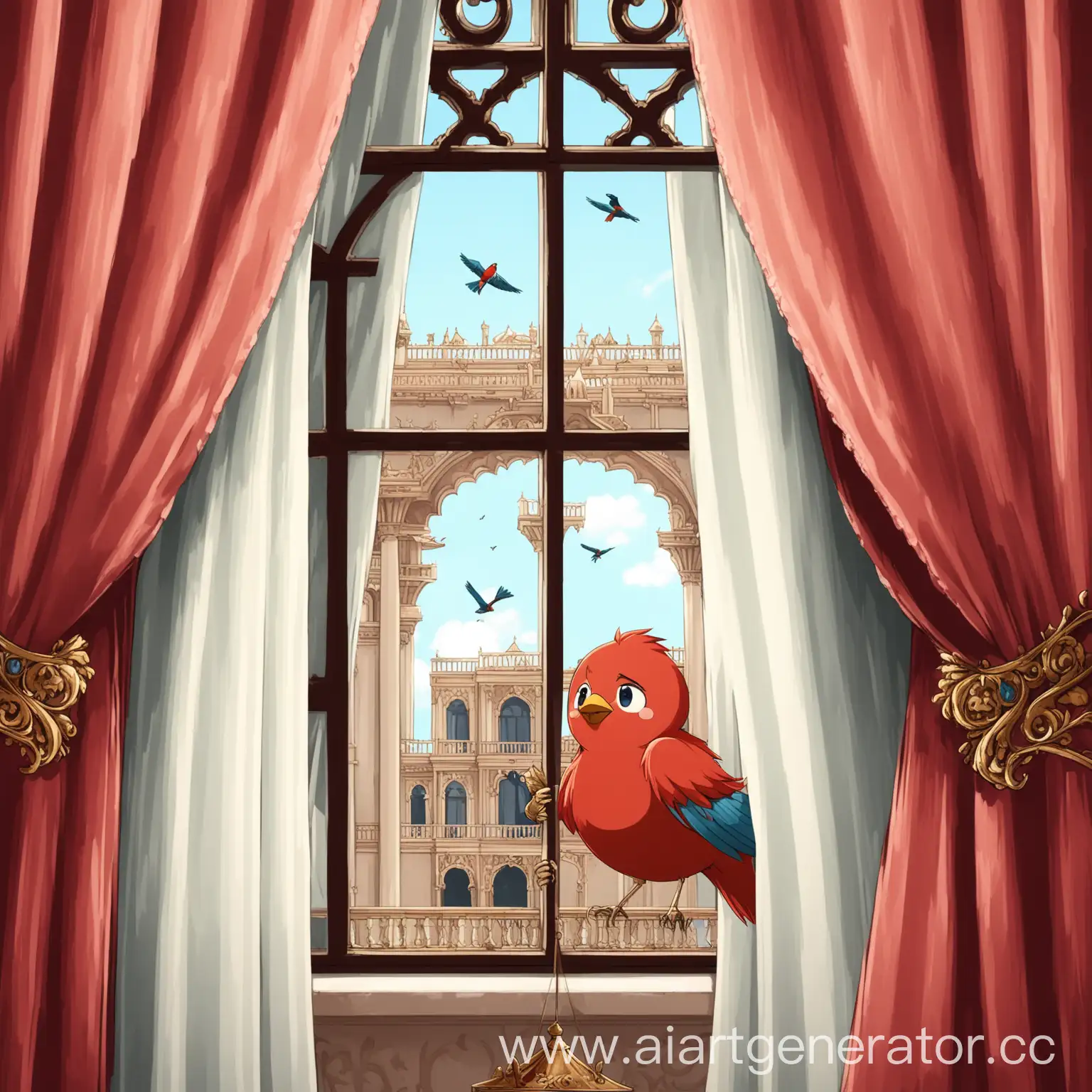 Птичка с красной головой держит в клюве штору весящую на окне дворца
