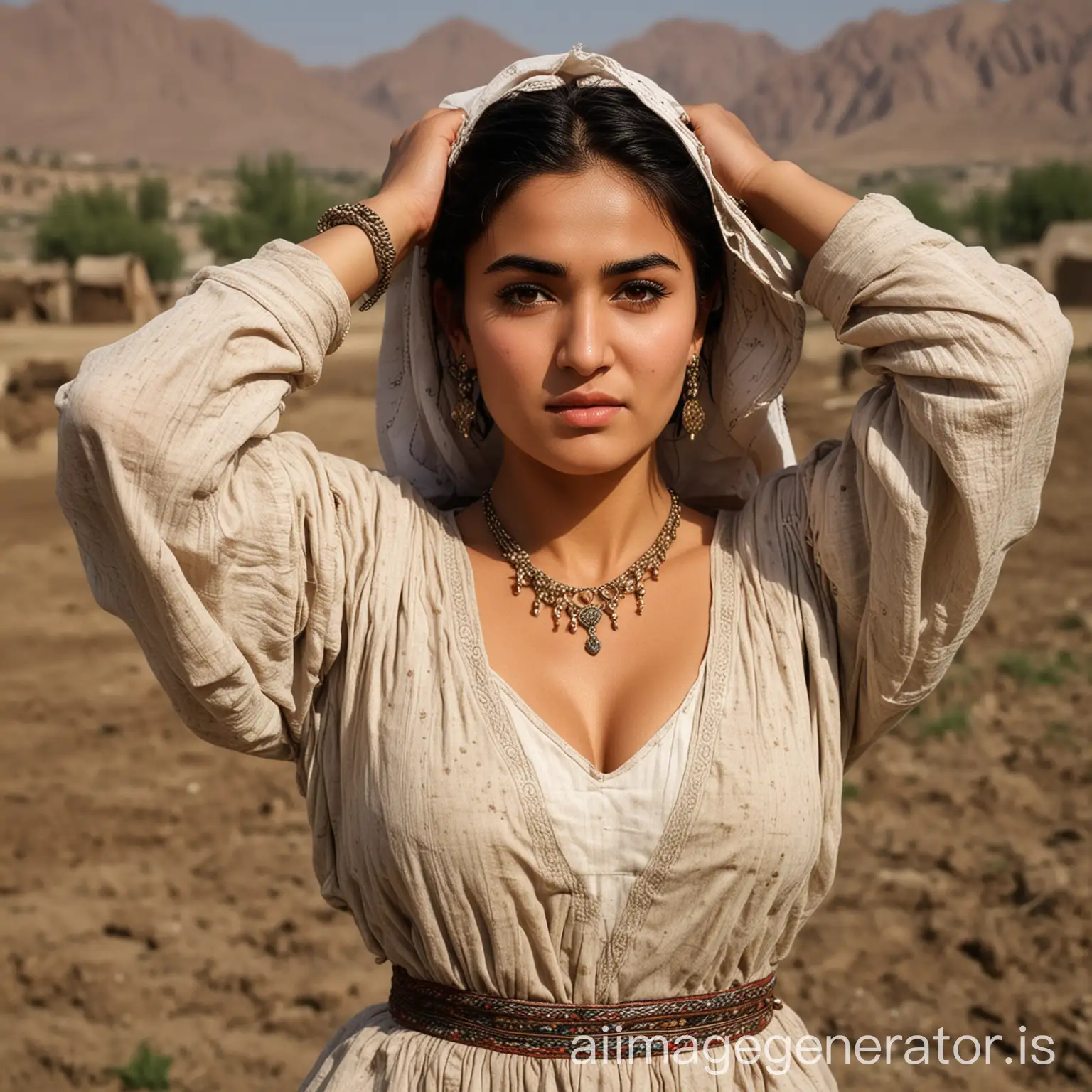 A traditional beautiful attractive Afghan Peasent women she flexing her huge fat massive-upperarms bulging bulky-builted muscular-biceps by tightening on her sleeves, on her farmland she have longer hairs, and she have dark thick eyebrows and unibrows, her breasts getting extra larger, thicker and visible