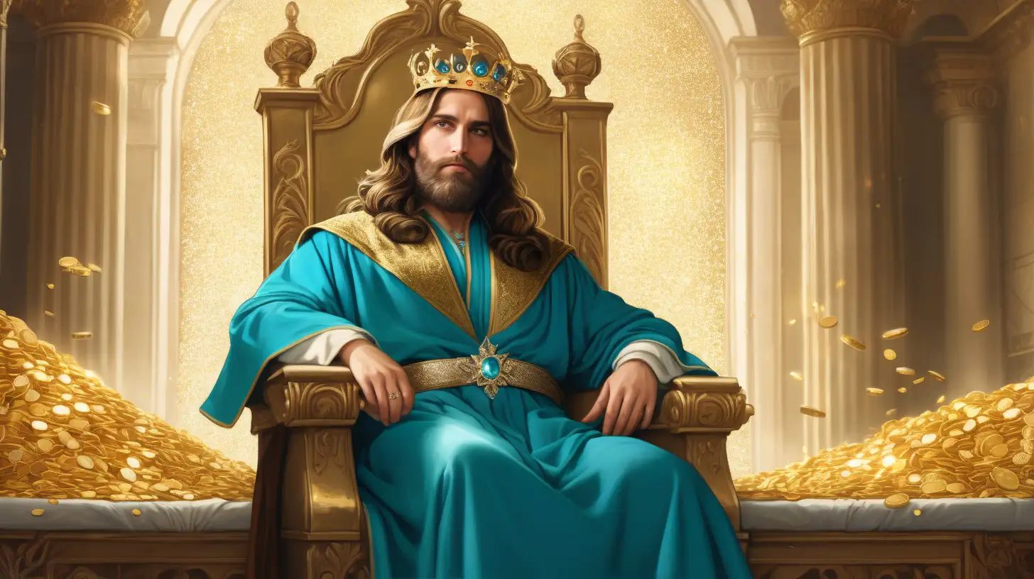 King of Israel at 30 Majestic Throne Room Scene with Turquoise Robes and Golden Treasures
