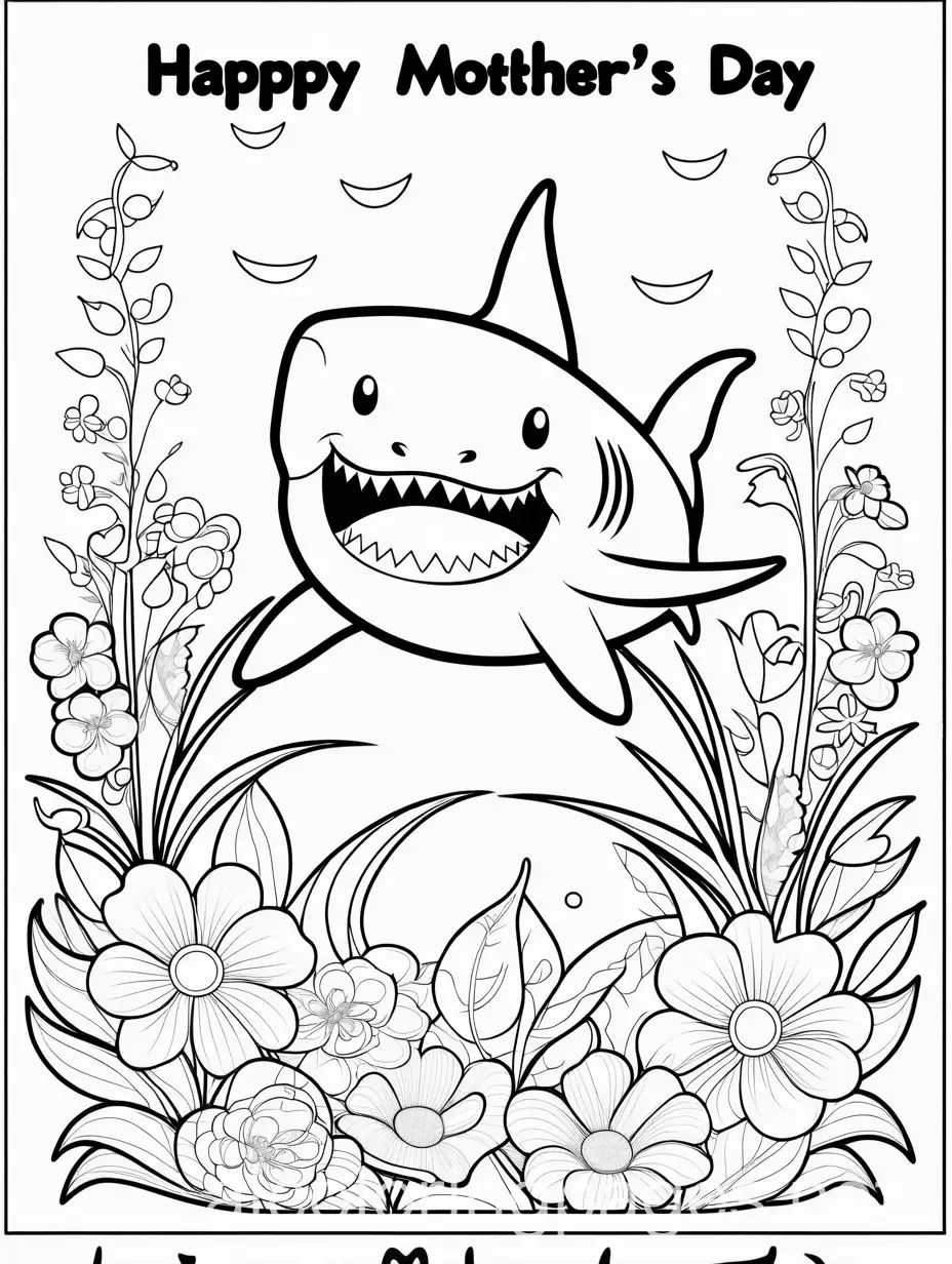 card that says happy mothers day and has flowers and 
a shark with its mouth wide open

, Coloring Page, black and white, line art, white background, Simplicity, Ample White Space. The background of the coloring page is plain white to make it easy for young children to color within the lines. The outlines of all the subjects are easy to distinguish, making it simple for kids to color without too much difficulty