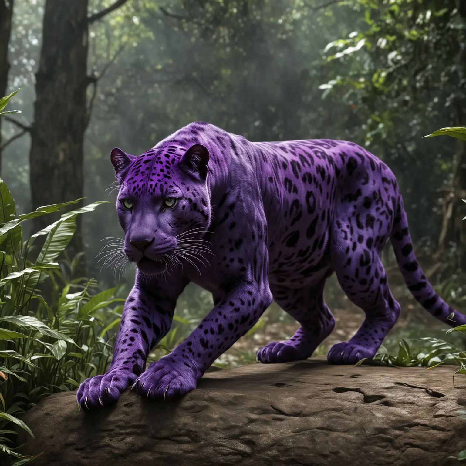 реалистичная фиолетовая пантера крадется прямо на смотрящего картинку в полный рост