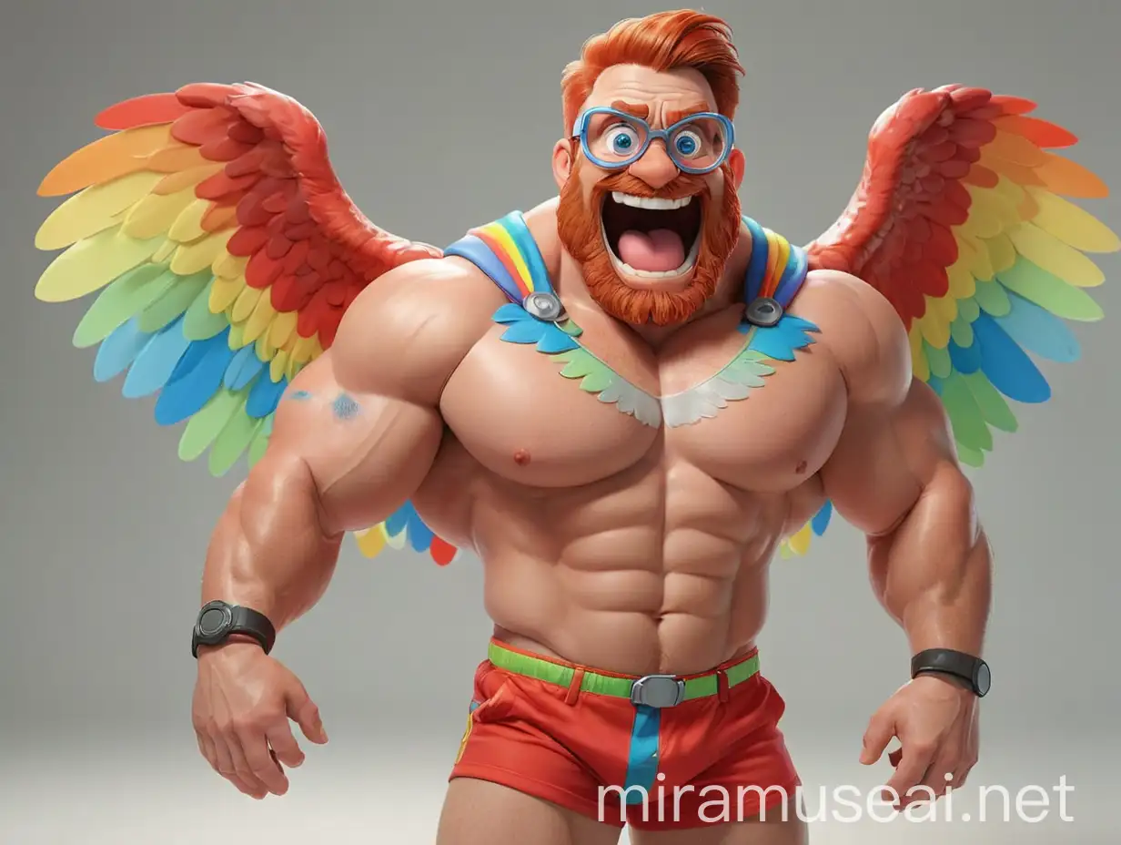 Topless Bodybuilder Flexing with Rainbow Wings Jacket and Doraemon Goggles
