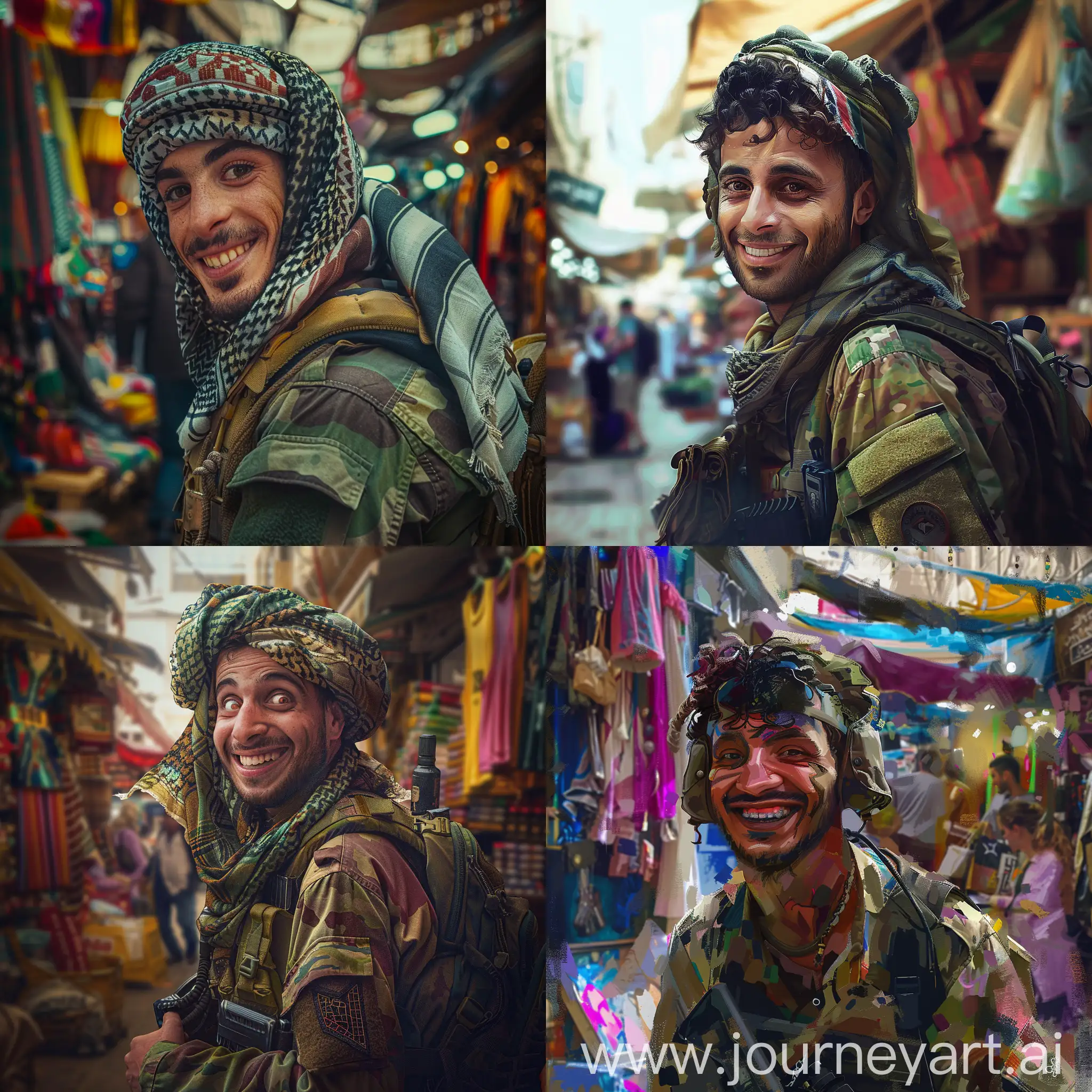 Create a realistic portrait of a Palestinian soldier with a playful expression, adorned in a boho-chic ensemble. Set the scene in a colorful and eclectic urban market, capturing the vibrant energy of the surroundings. — ar 4:5 — stylize 250 — style raw — v 6