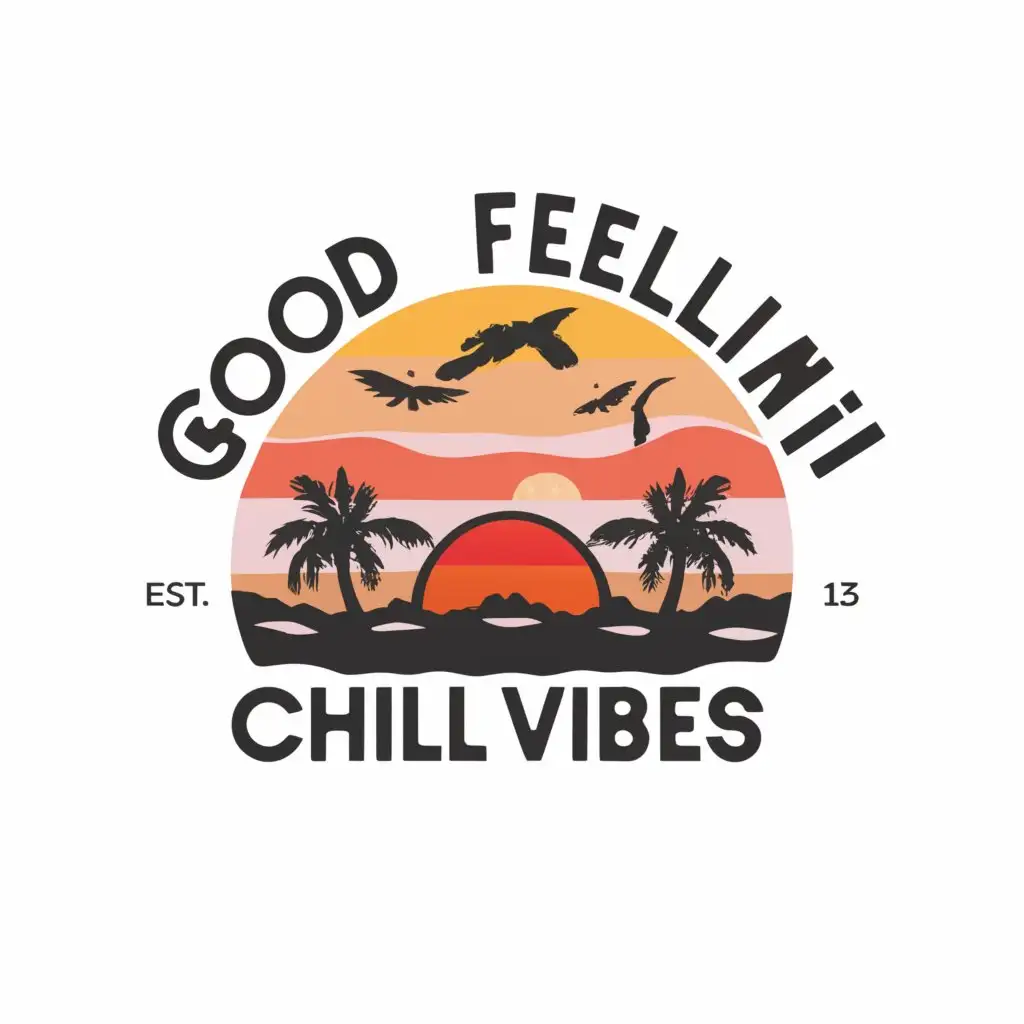 a logo design,with the text "Good Feelin Brand", main symbol:main symbol of the logo being a sunset
with the slogan: "Chill vibes" around the sunset,Moderate,be used in Travel industry,clear background