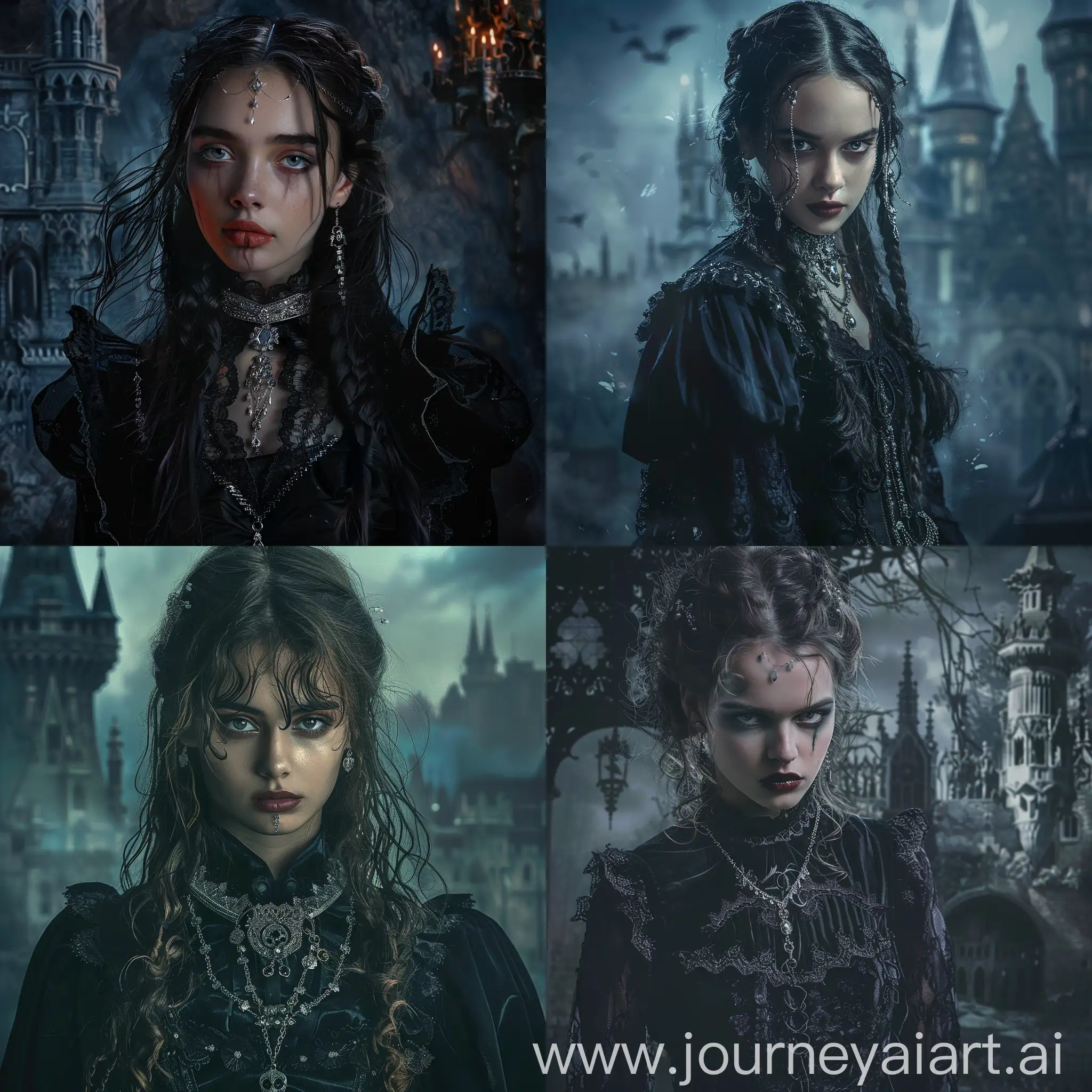 cinematic shot, gothic girl, plotting something, 18 years old, Abigail Larson-style clothes, accent on the face, silver jewelry with precious stones, background of a mystical castle, dynamic pose, medium frame, intricate details, gloomy atmosphere