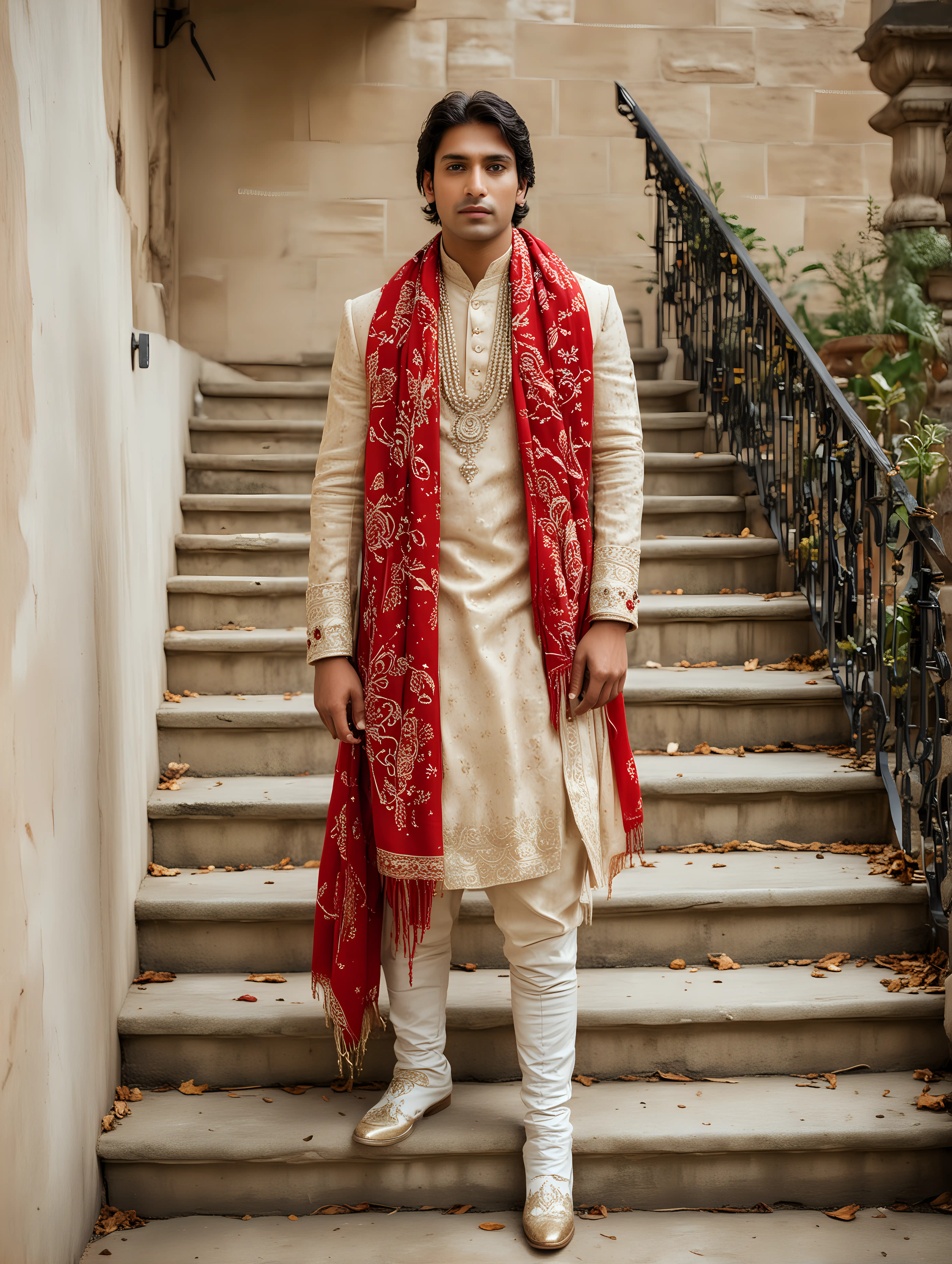 A man in beige and red Indian wedding attire, Around 26 years old，facing the camera, exquisite facial features, matching shawl, white boots, he is standing against a stone staircase in vibrant colors wearing traditional attire