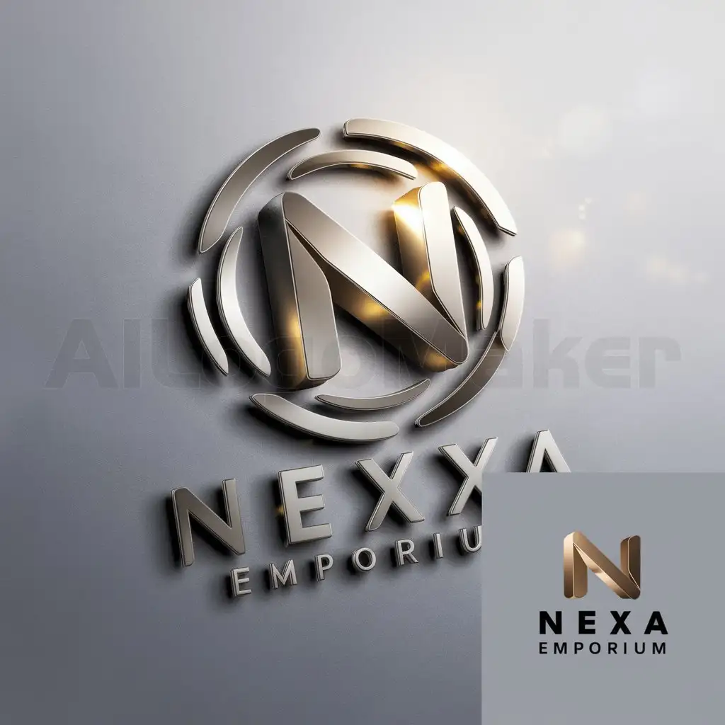 a logo design,with the text "NEXA EMPORIUM", main symbol:The logo will consist of a stylized letter 'N' with a modern, three-dimensional effect to convey professionalism and sophistication. The 'N' will be positioned centrally, with a sense of depth and dimensionality. Surrounding the 'N' will be a circular or angular motif, symbolizing unity, continuity, and forward movement, reflecting the idea of an emporium—a diverse marketplace. Color Scheme: We'll use a combination of metallic tones like silver, gold, or platinum to enhance the sense of luxury and elegance. These colors are often associated with professionalism and refinement, making them perfect for a high-end brand like Nexa Emporium. Typography: For the typography, we'll use a clean and modern sans-serif font to complement the sleekness of the 3D design. The font should be easily readable even at smaller sizes, ensuring versatility across different applications. Logo Variation: We'll create both a primary logo and a simplified version for versatility. The primary logo will feature the full 3D design, suitable for prominent placement on signage, websites, and marketing materials. The simplified version will be a flat, monochromatic adaptation, ideal for smaller-scale applications like social media profiles and merchandise. Final Touches: To add a finishing touch, we can incorporate subtle gradients, shadows, or reflections to enhance the three-dimensional effect and make the logo visually captivating.,Moderate,clear background