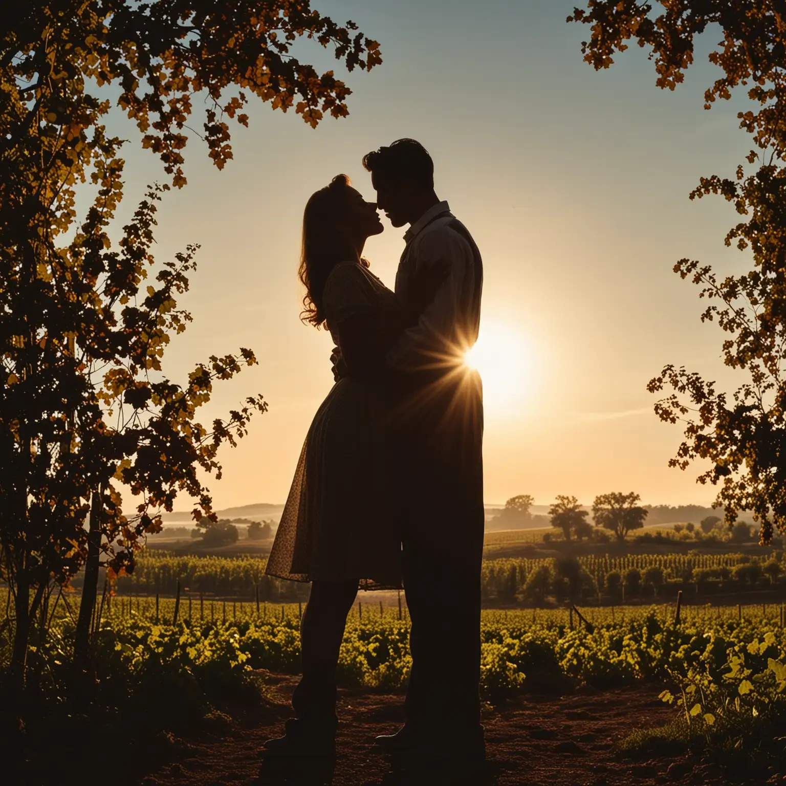 1940s couple kissing in nature. Silhouette of man in work clothes and woman in a dress together. Love and relationships concept. Dating concept. Background is a vineyard.
