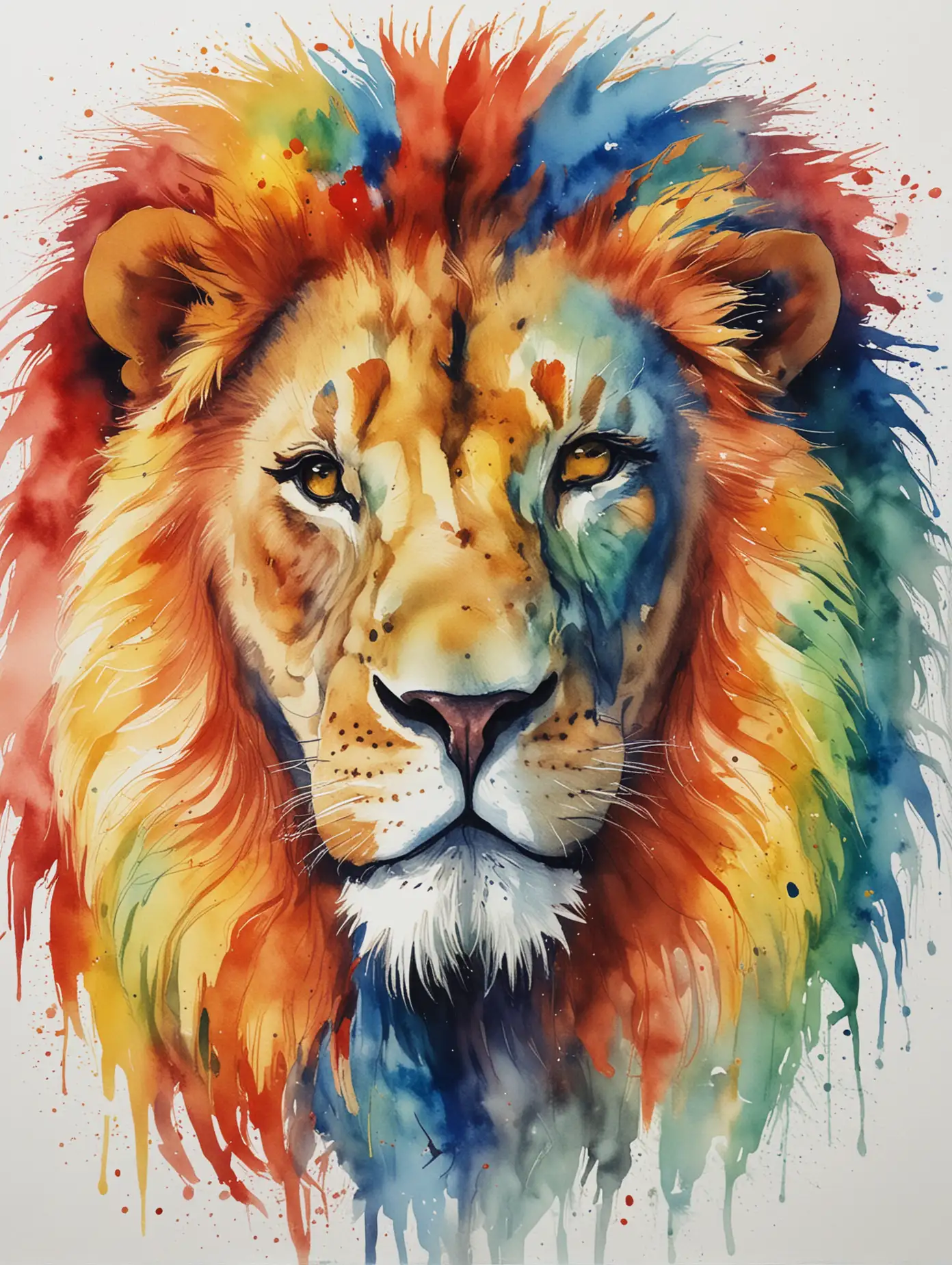 A full cavas captivating red, blue, yellow and green clean, artistic, symbolic, colorful, expressive, minimalist, watercolor, illustration of a lion