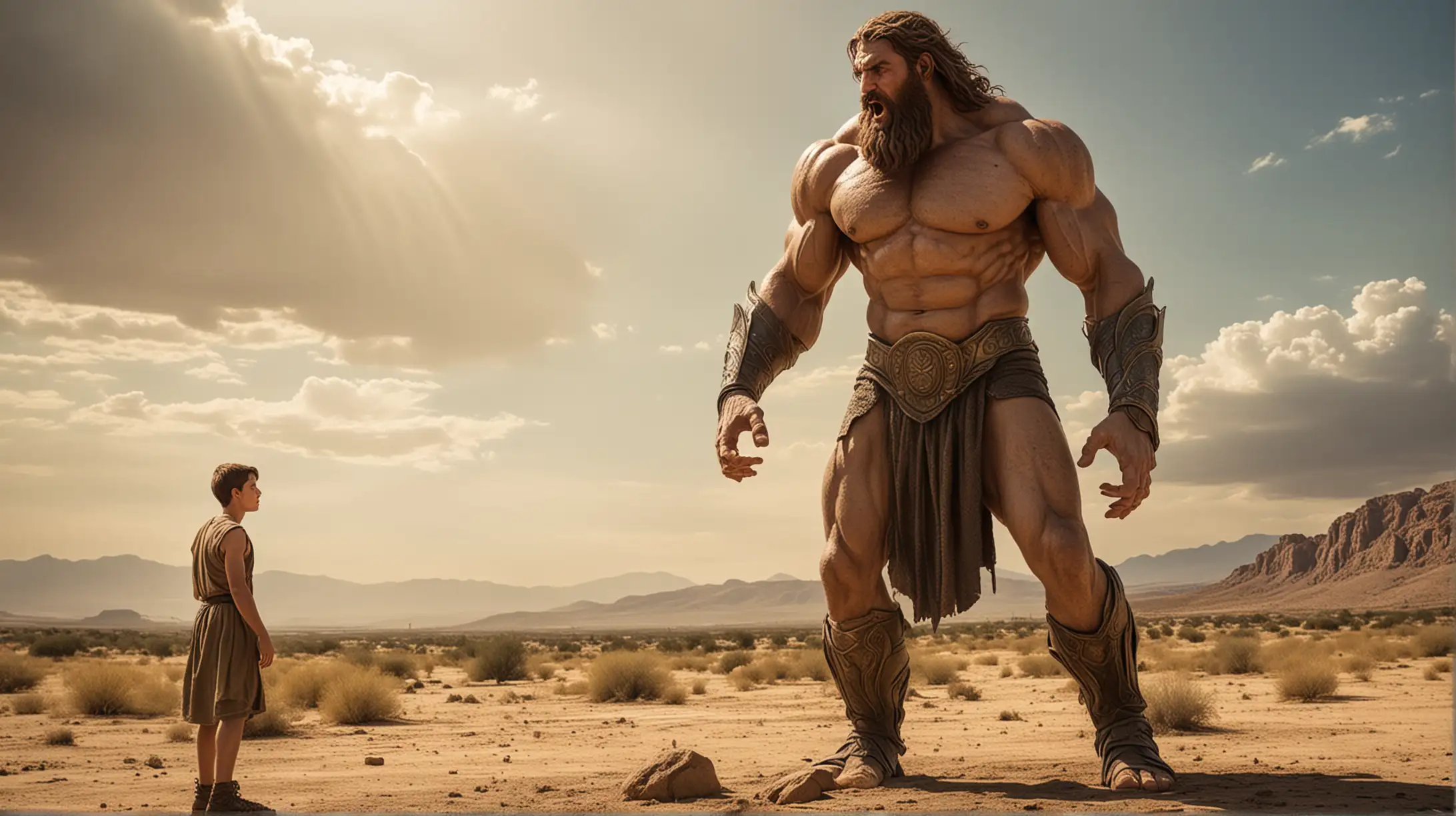 Biblical Giant Goliath Confronted by Brave Young Man in Desert Fields