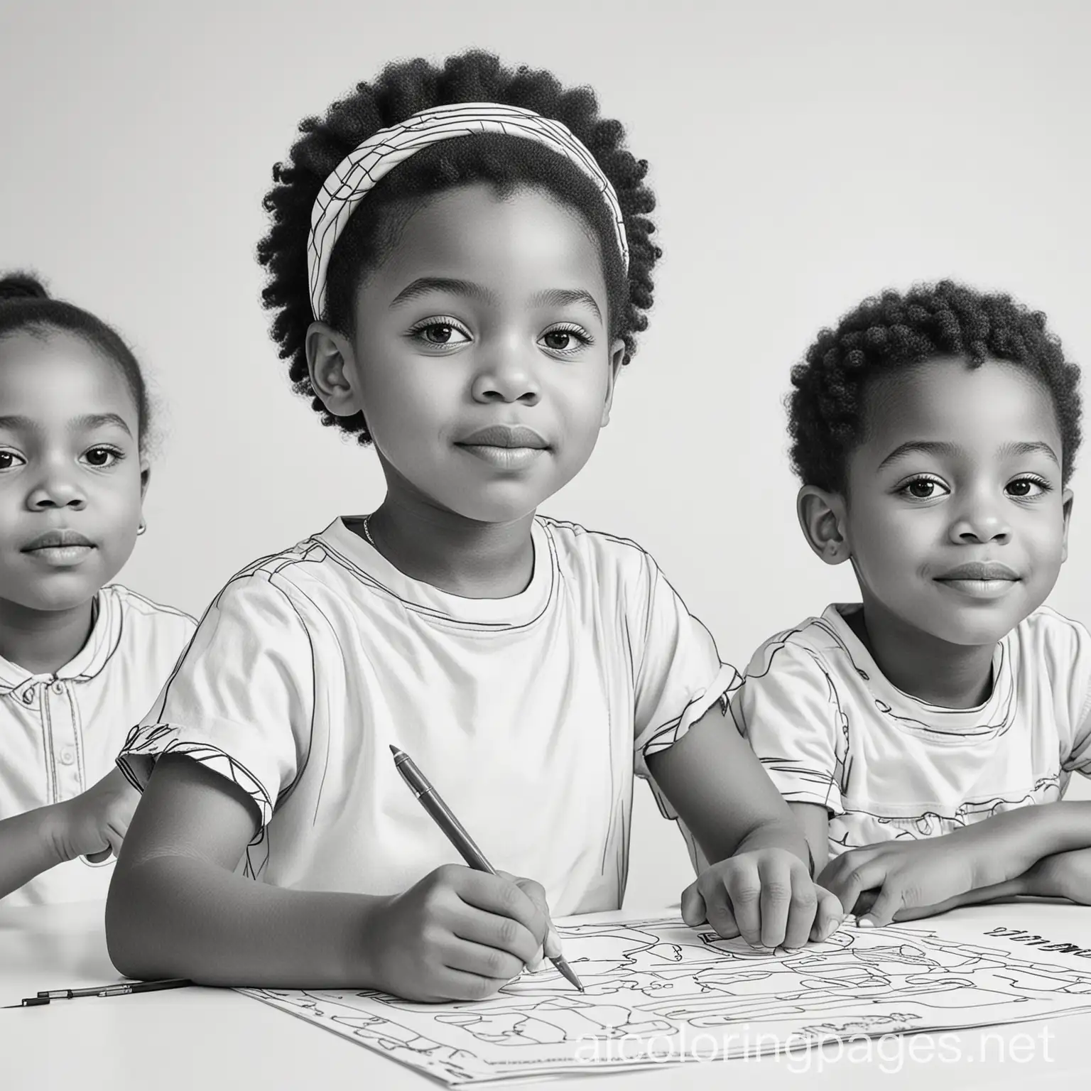 african america kids learning Coloring Page, black and white, line art, white background, Simplicity, Ample White Space