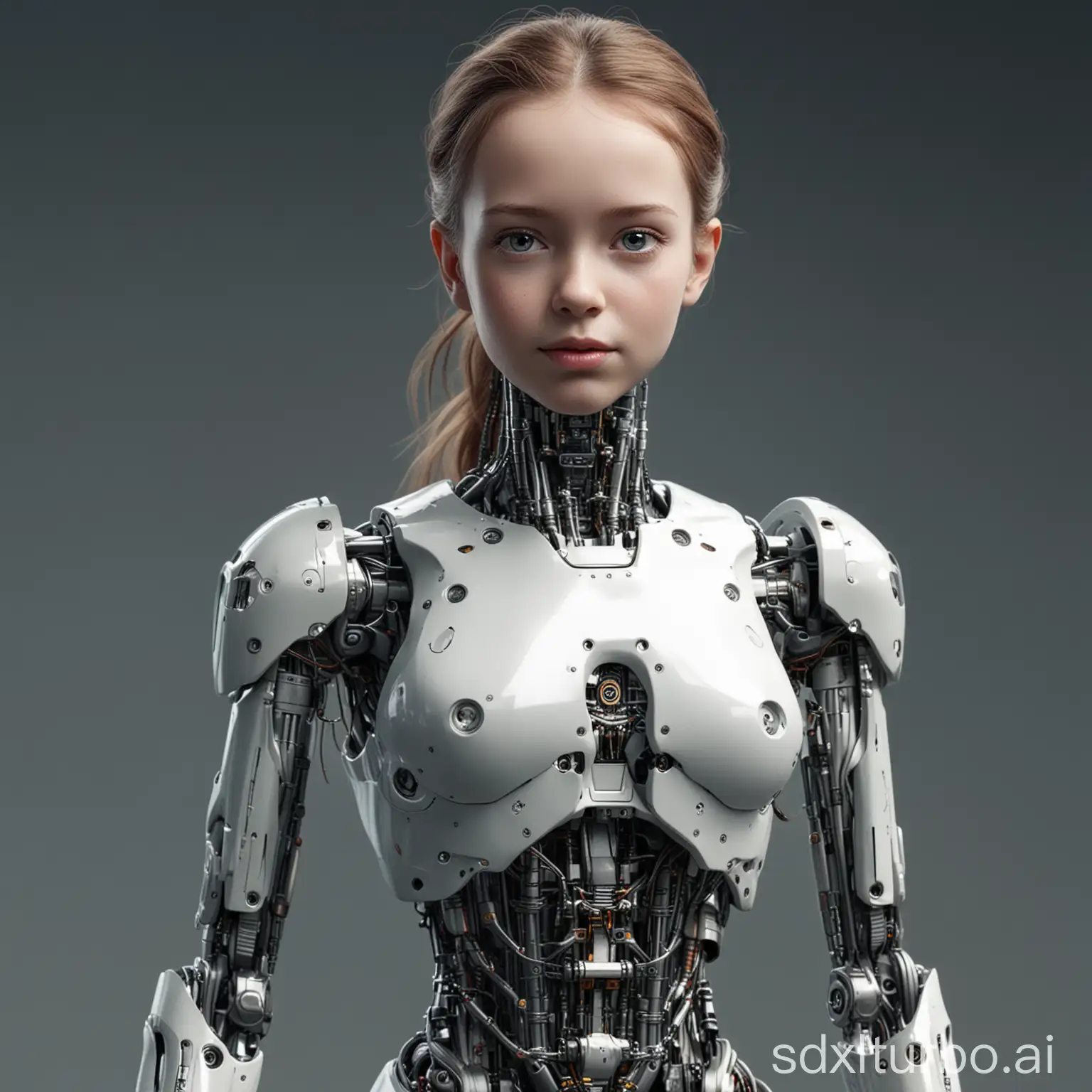 женский робот-человек, молодая девушка с кибернетическими имплантами, полный рост, будущее 