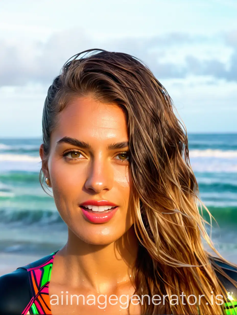 Same face person hyperrealistic image. highest quality. surfer girl wet hair  light tight white shorts and colorful surfing top standing at sunny sunset beach  with big green waves  and closed very high. she   face and clothes are already wet by the tropical  rain. lips very shiny by the shiniest lipgloss looks direct to camera. she wears not any jewellery. No hands are in camera, hands are on back neck.