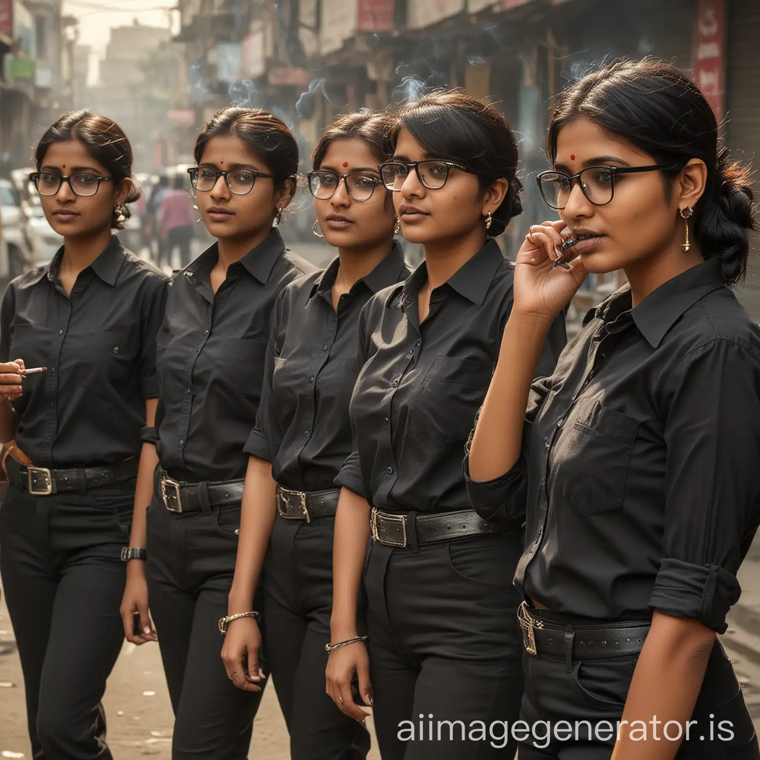 Five Indian women aged 20 to 25 years. They cut their hair short like boys, wearing black glasses, watches, waist belts and black shirts and black pants, two earrings in their ears, cigarettes in each of their hands, some are smoking again, walking on the street. ,Smartphone Photography, Ultra Realistic, Aperture F 2.5, Golden Ratio.