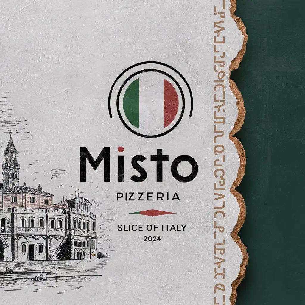 Misto Pizzeria, Minimalist , Emblem, Edge decoration, Italian colors , Textured White Background , EST 2024 , Italy flag , Vintage, Slogan, Slice of Italy, Adobe Illustration, Sketched Italian City,