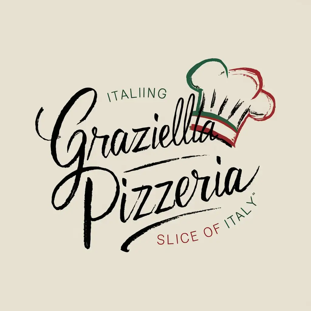 Handwritting Graziella Pizzeria logo, Restaurant logo, Italian colors, , Italian decoration, Chef hat sketch, Slogan, Slice of Italy, Simple decoration