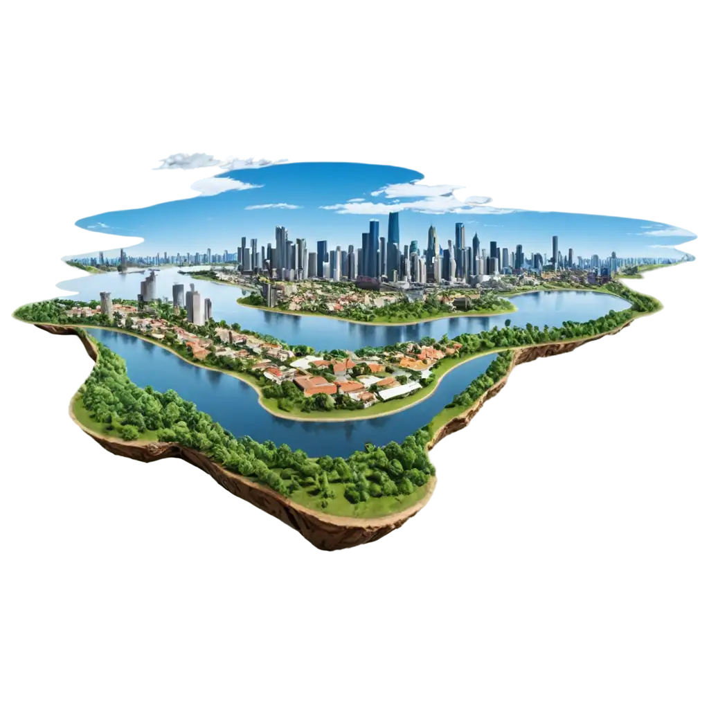 flying island with road and modern city isolate on transparency background PNG