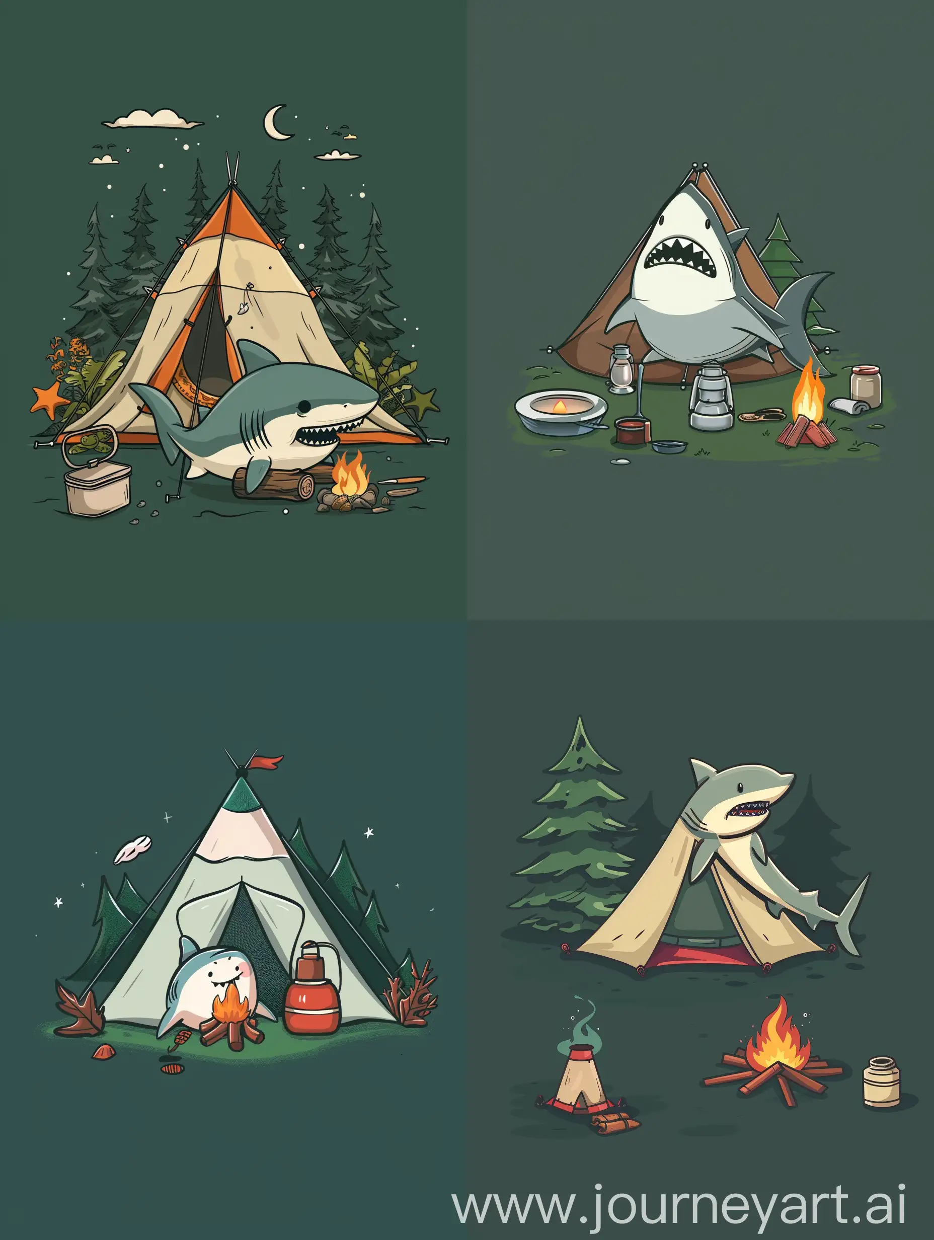 thin line style chibi cute shark on a camping, with solid dark green background, small object and center concentrated image, far view point
