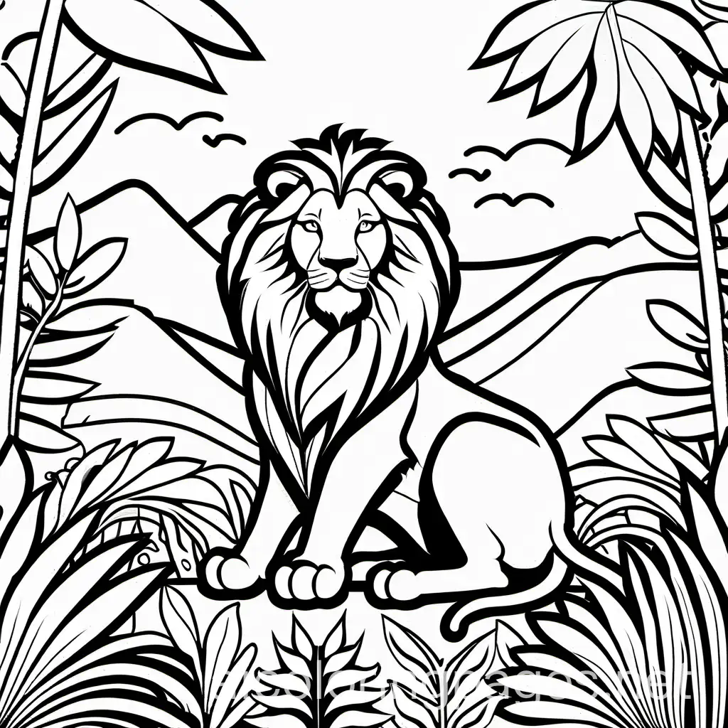 a lion sitting in jungle, Coloring Page, black and white, line art, white background, Simplicity, Ample White Space. The background of the coloring page is plain white to make it easy for young children to color within the lines. The outlines of all the subjects are easy to distinguish, making it simple for kids to color without too much difficulty