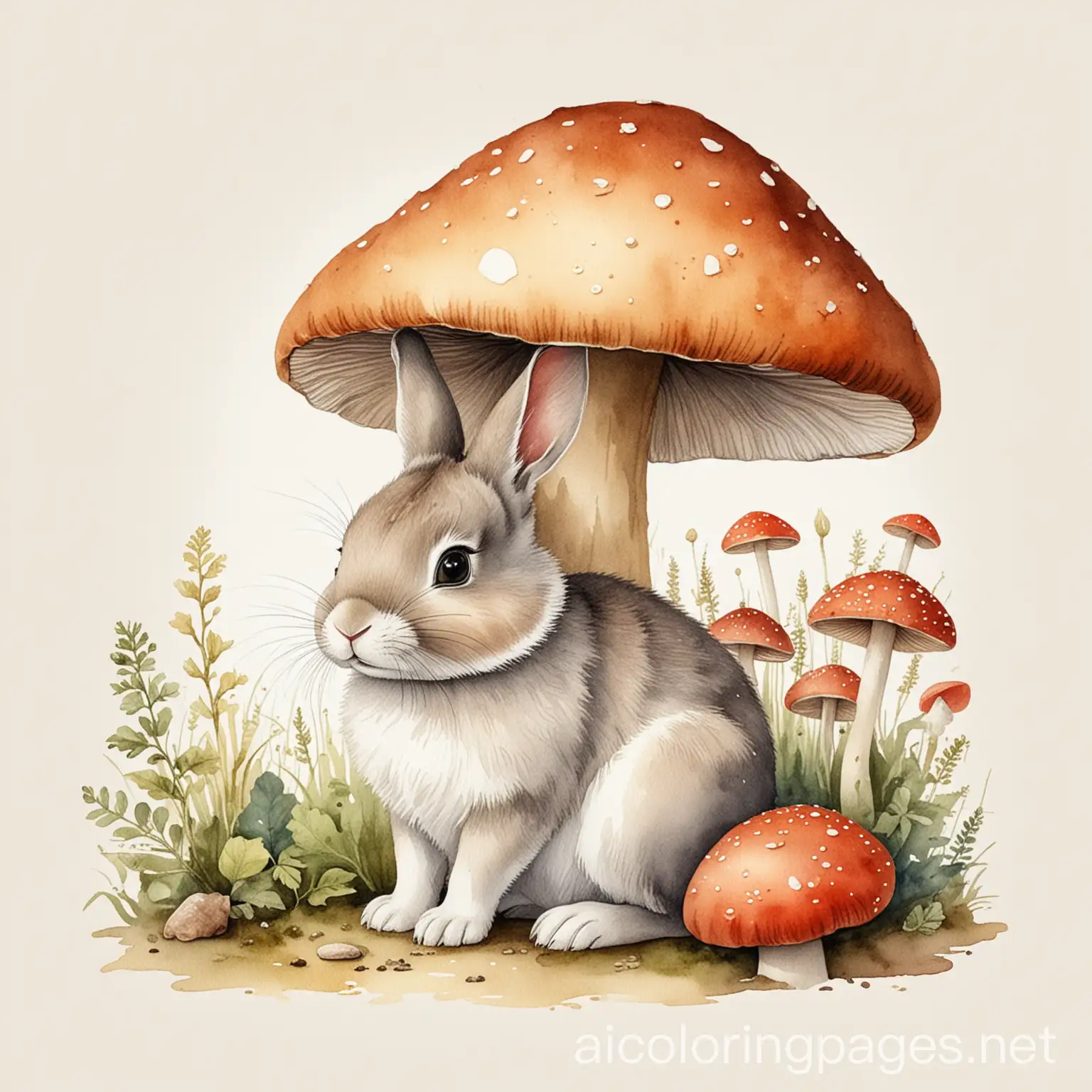 vintage cute bunny rabbit sitting under small mushroom watercolour illustration, Coloring Page, black and white, line art, white background, Simplicity, Ample White Space