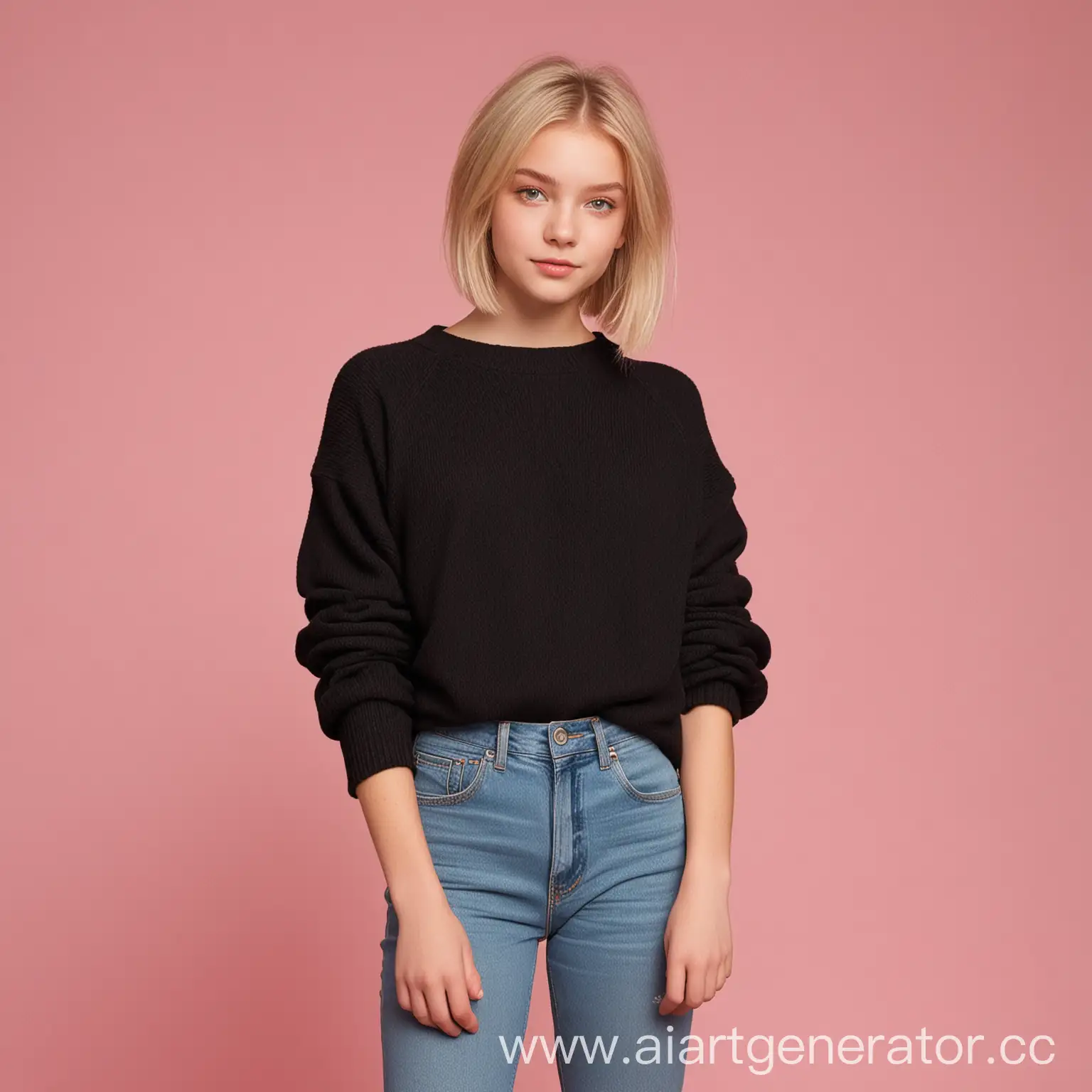 Stylish-Teen-Girl-in-Black-Sweater-and-Jeans-on-Pink-Background