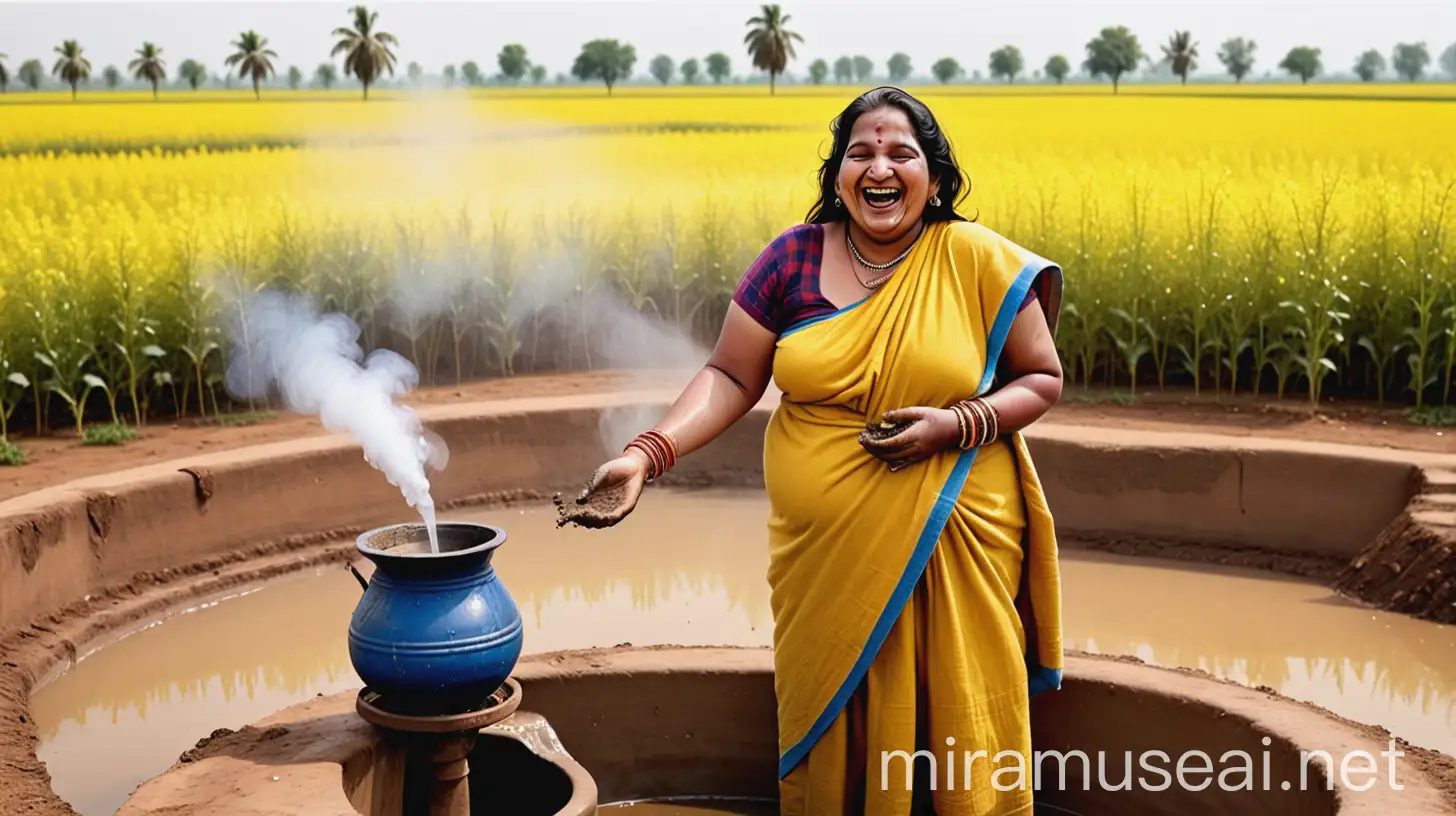 Laughing Mature Woman in Mustard Field with Water Pot