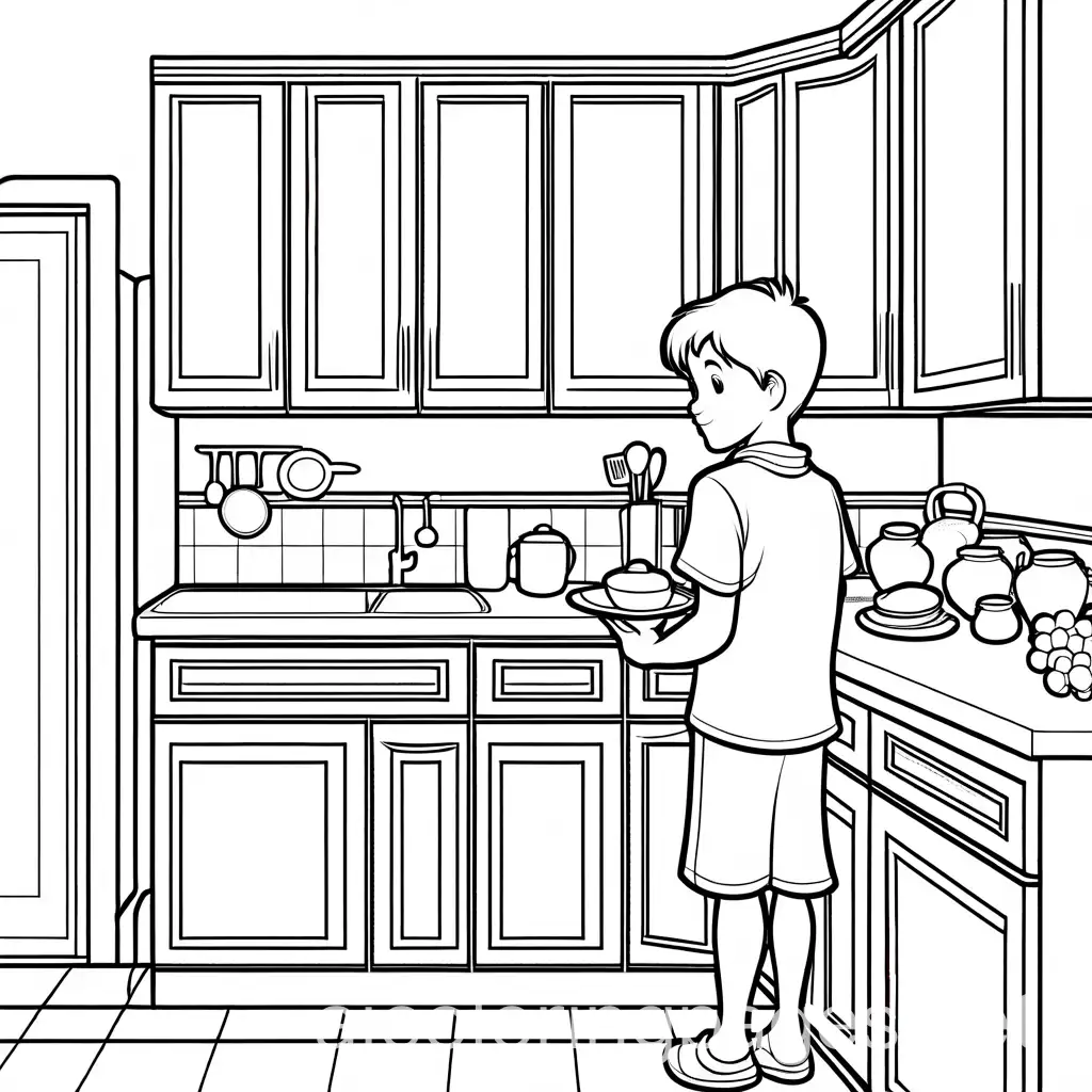 boy in kitchen holding object, Coloring Page, black and white, line art, white background, Simplicity, Ample White Space. The background of the coloring page is plain white to make it easy for young children to color within the lines. The outlines of all the subjects are easy to distinguish, making it simple for kids to color without too much difficulty