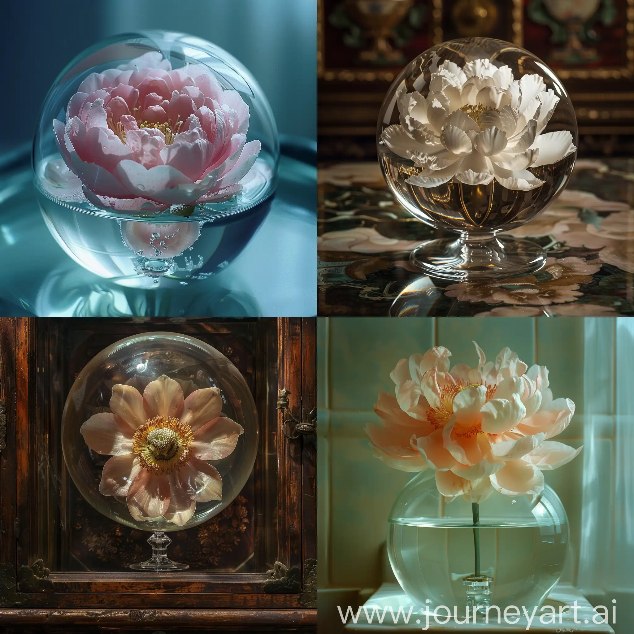 A real photo of a very beautiful flower inside a glass case with a spherical glass head, a masterpiece, beautiful, eye-catching, cinematic photography photo, in a very beautiful royal house, royal, royal, serious royal mood, flower The drain is glass