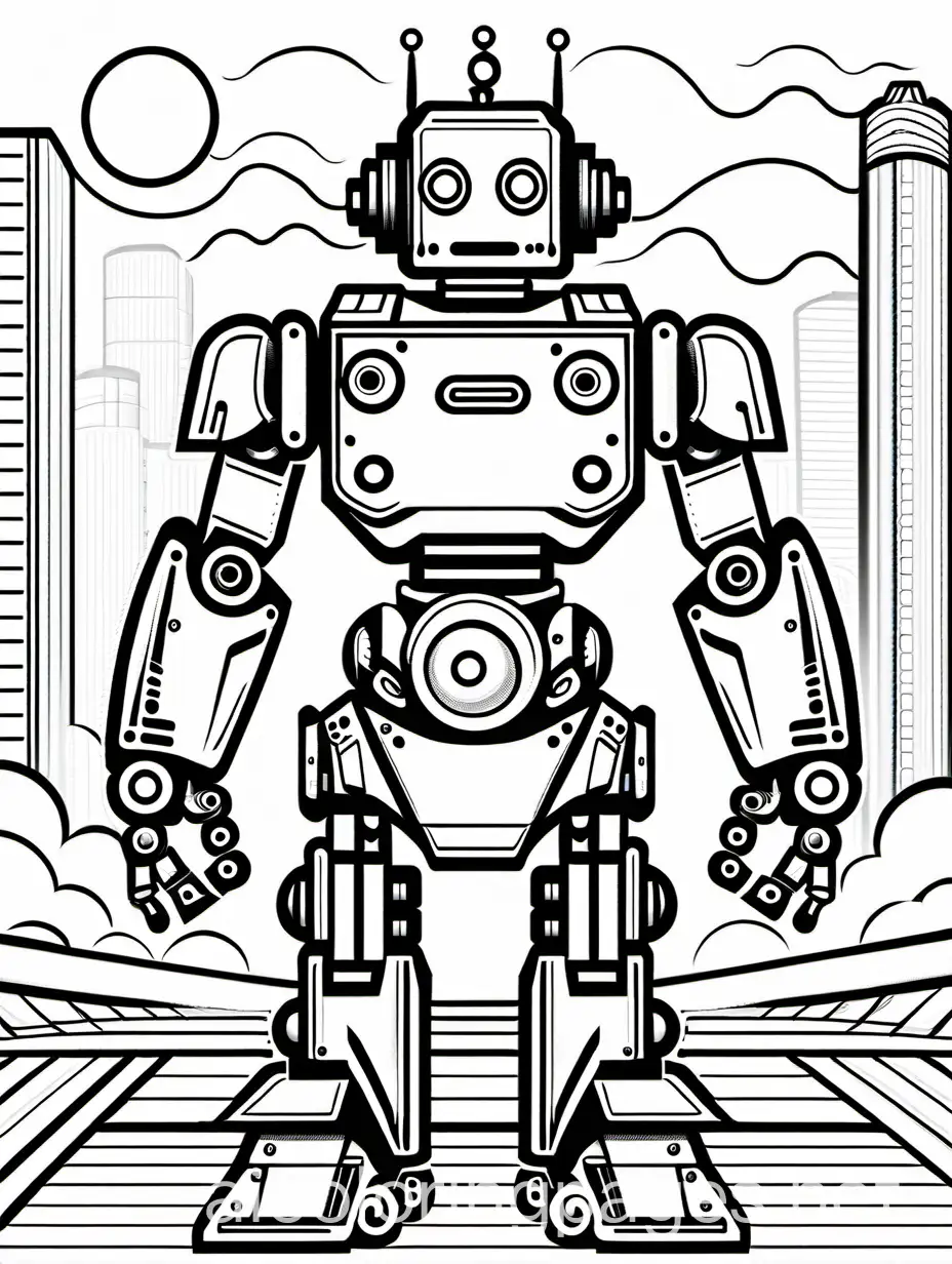 Robot cartton, Coloring Page, black and white, line art, white background, Simplicity, Ample White Space. The background of the coloring page is plain white to make it easy for young children to color within the lines. The outlines of all the subjects are easy to distinguish, making it simple for kids to color without too much difficulty
