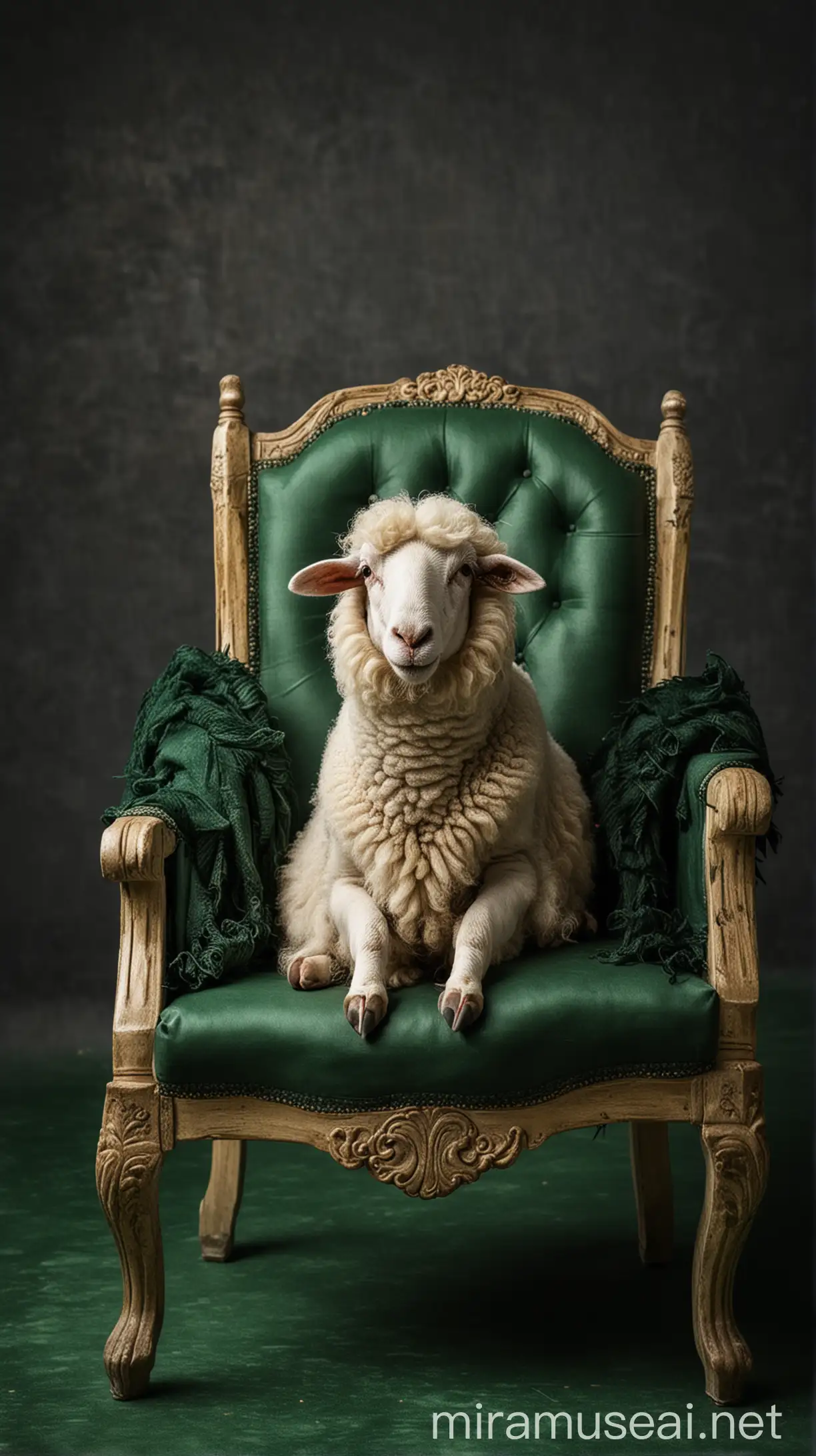 eid sheep sitting on chair in black green background and having a hair cut.
