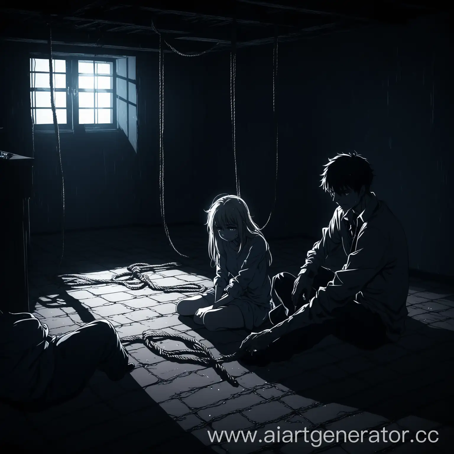 girlfriend sitting on the floor in the living room, in tears.
The man ties his girlfriend with ropes in a dark basement.
Contrast between a cozy apartment and a dark, damp basement.
Use of light and shadow to create a tense atmosphere.
Anime style