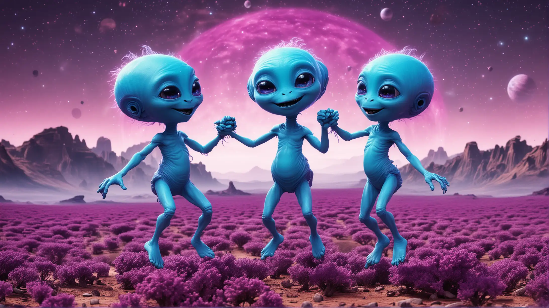 Two happy blue aliens dancing on a purple planet