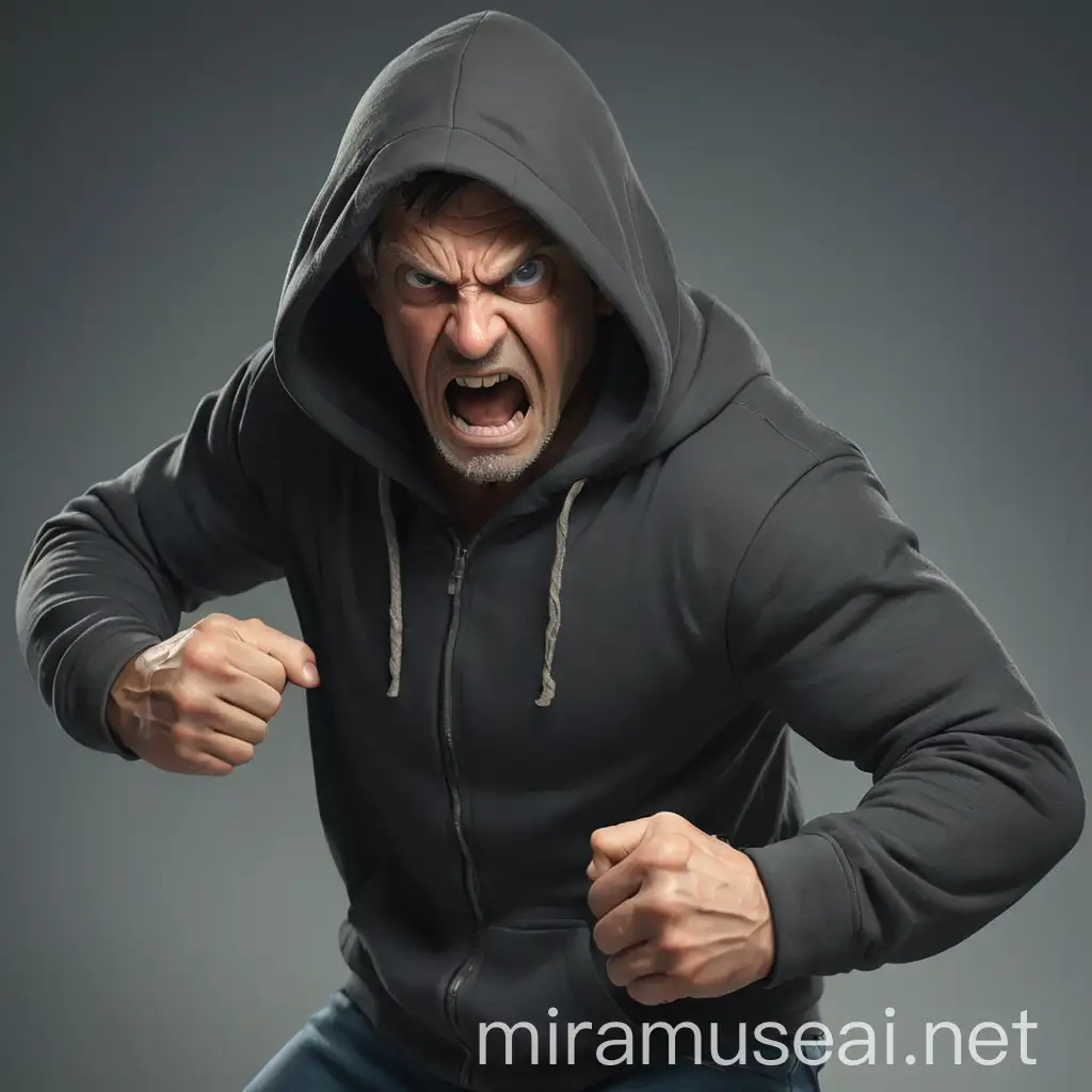 A middle aged angry man without a hoodie beating up a sad hooded robber