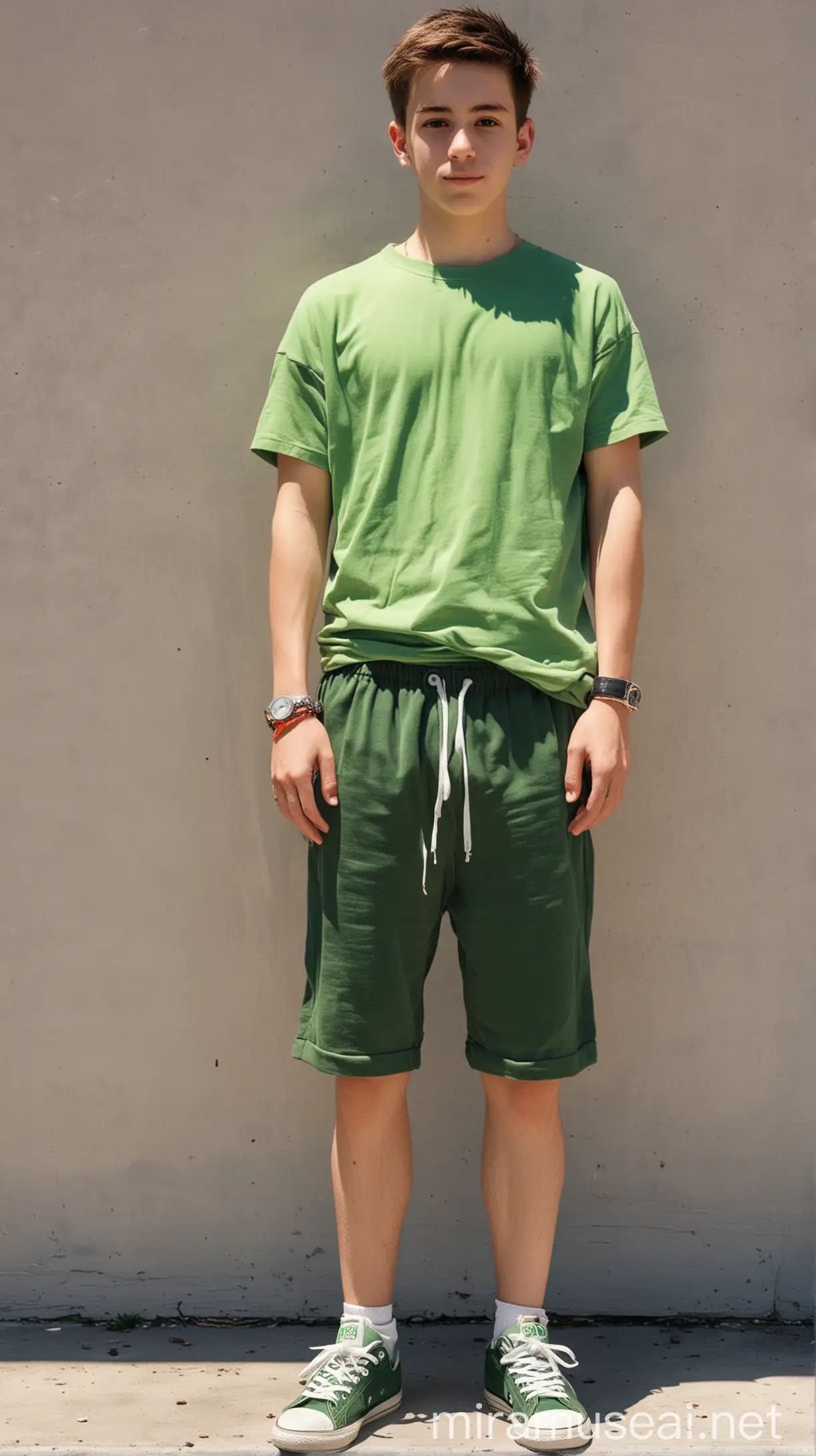Youthful Character in Green TShirt and Shorts with Sneakers
