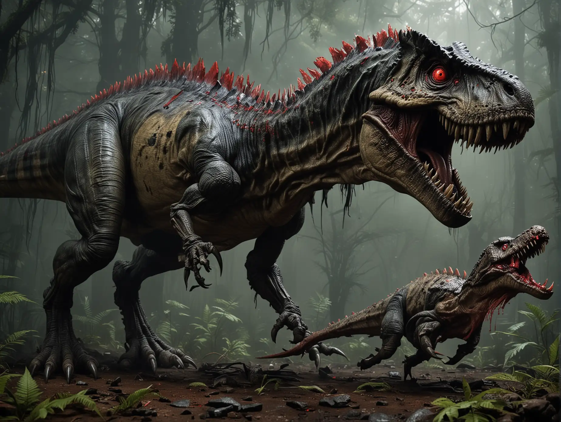 A brutal sized poisonous horror predator dino with red eyes. It's eating a T-Rex.