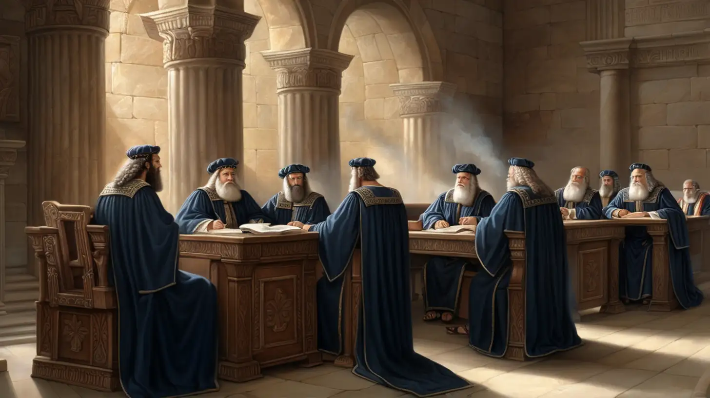 epoque biblique, 3 juges hébreu assis avec la main sur le code civil, dans un tribunal hébreu