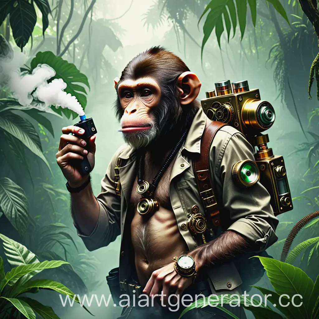 vaping, vape, vaping device, men in the jungle, monkey nft, jungle, tropics, dystopia, steampunk