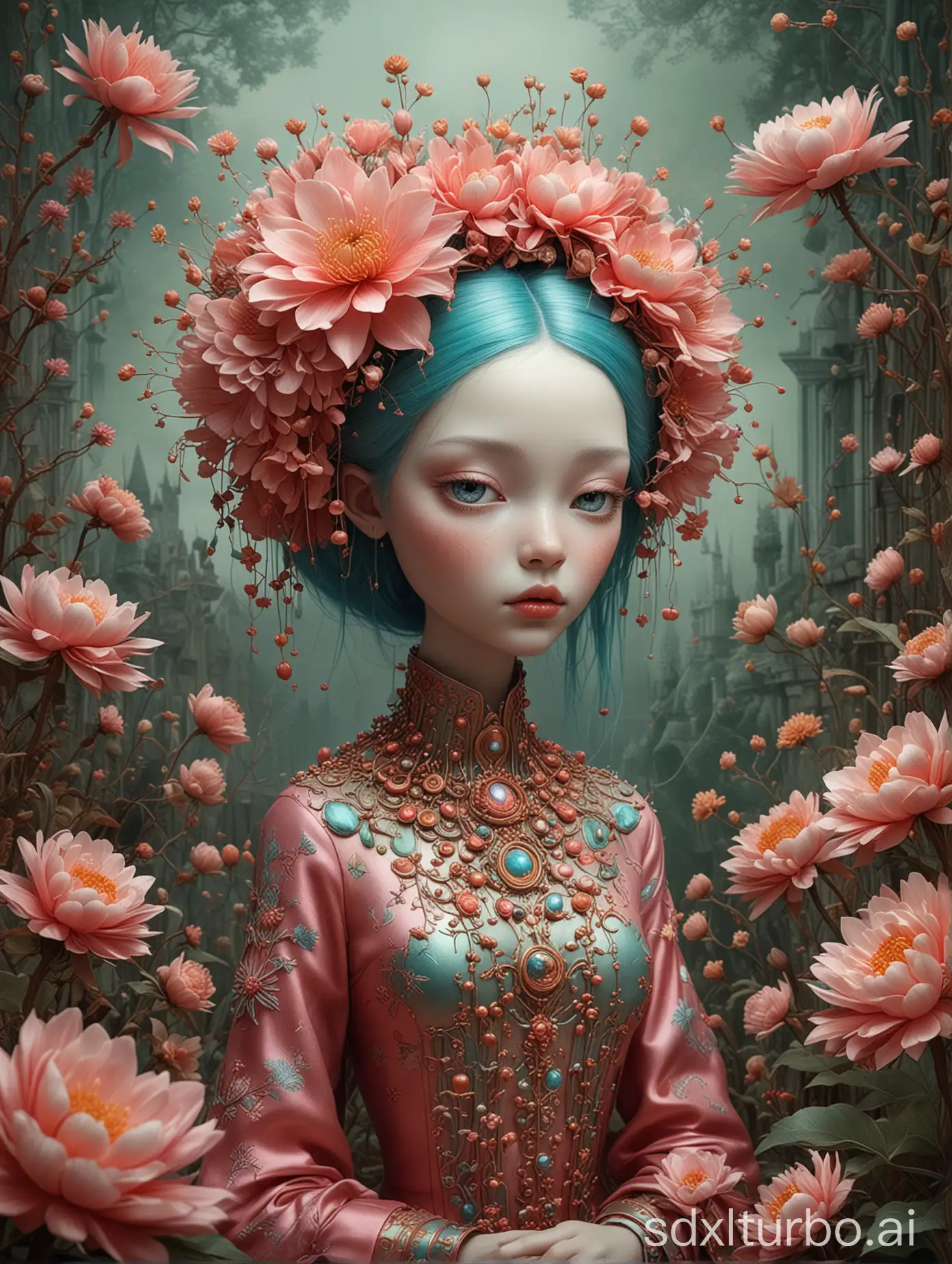 Mesmerizing blossom, acid druid metallic elements blending, styles of Nicoletta Ceccoli and Alberto Varanda, vibrant colors, intricate details, visual feast, captivated by unique artistic styles, beauty and wonder, surreal landscape, digital painting, ultra fine, vivid colors, dramatic lighting.