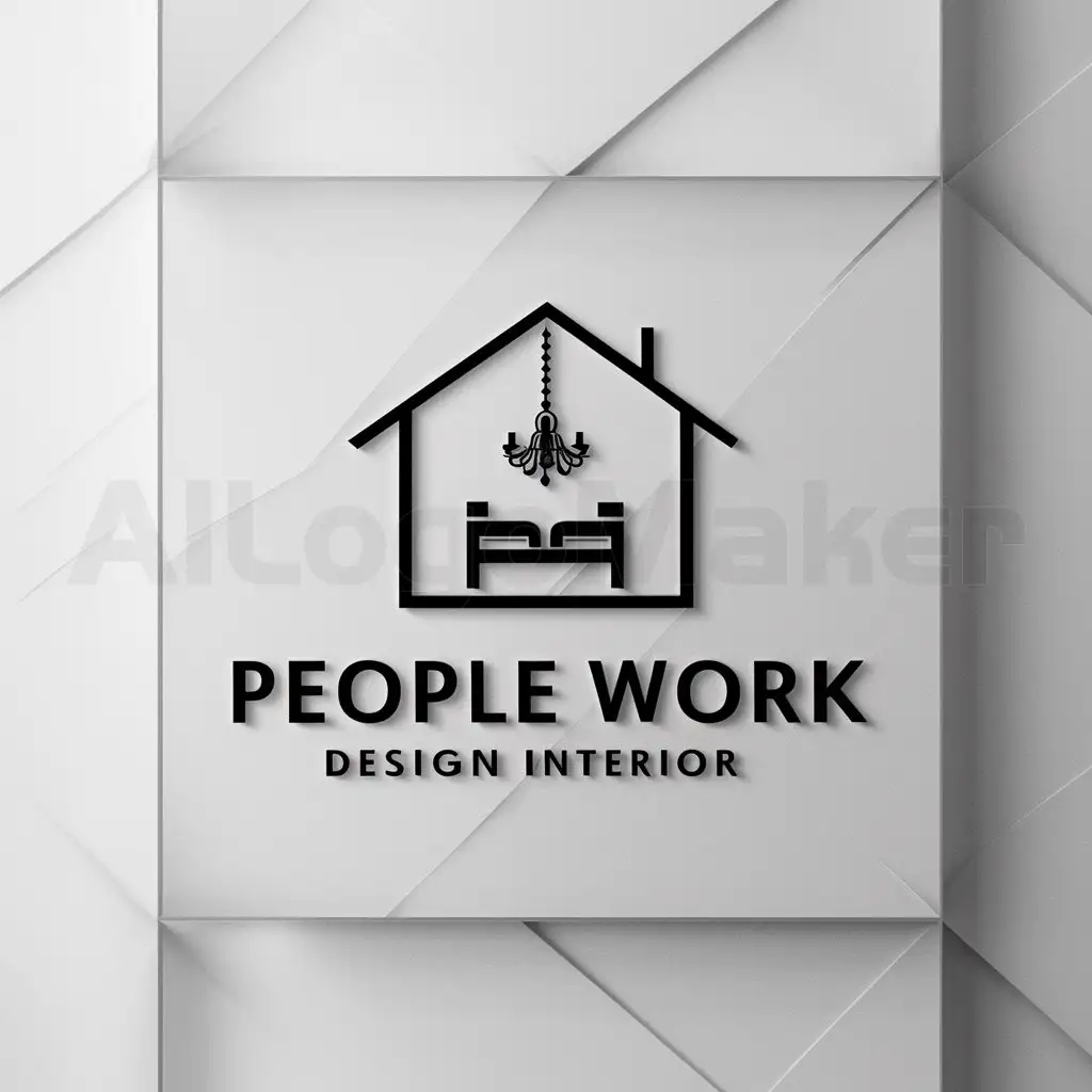 a logo design,with the text "PEOPLE WORK", main symbol:House in cross section with bed and chandelier,Minimalistic,be used in DESIGN INTERIOR industry,clear background