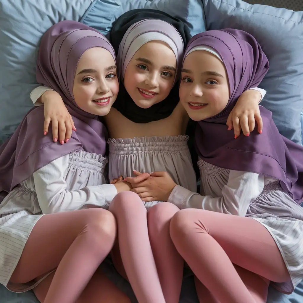 3 little porcelain skin girls.  14years old. They wear two hijab, strapless blouse, soft pink tights.
They are beautiful. They lie on the bed. well-groomed, turkish, quality face, plump lips. 
Bird's eye view, top view, cool face, nail polish. Hugs, legs up 