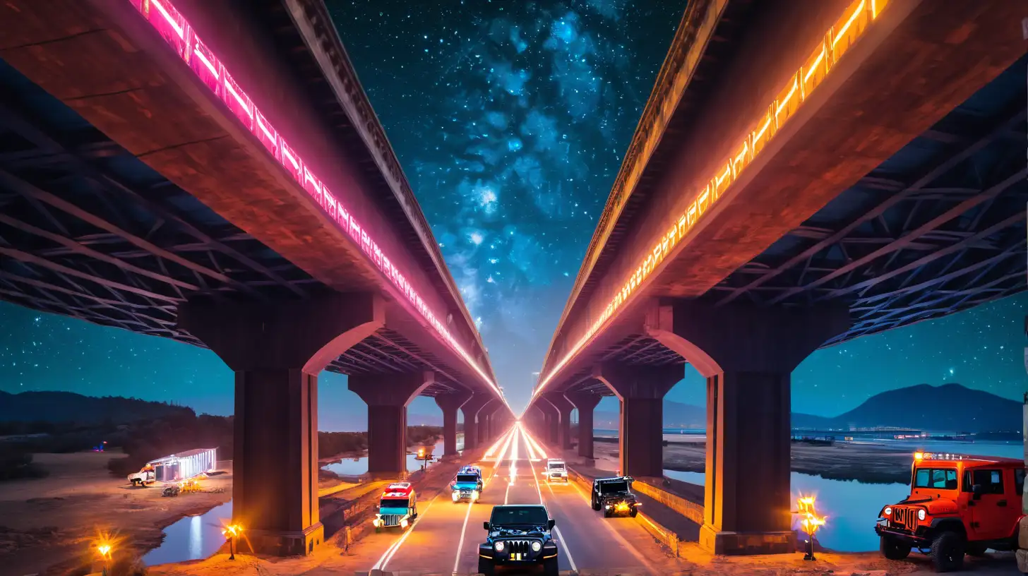 crea un canale sotto un ponte vuoto, con jeep e camion con contorni neon, vasche di fuoco qua e la, notte stellata, wide large shot 16:9
