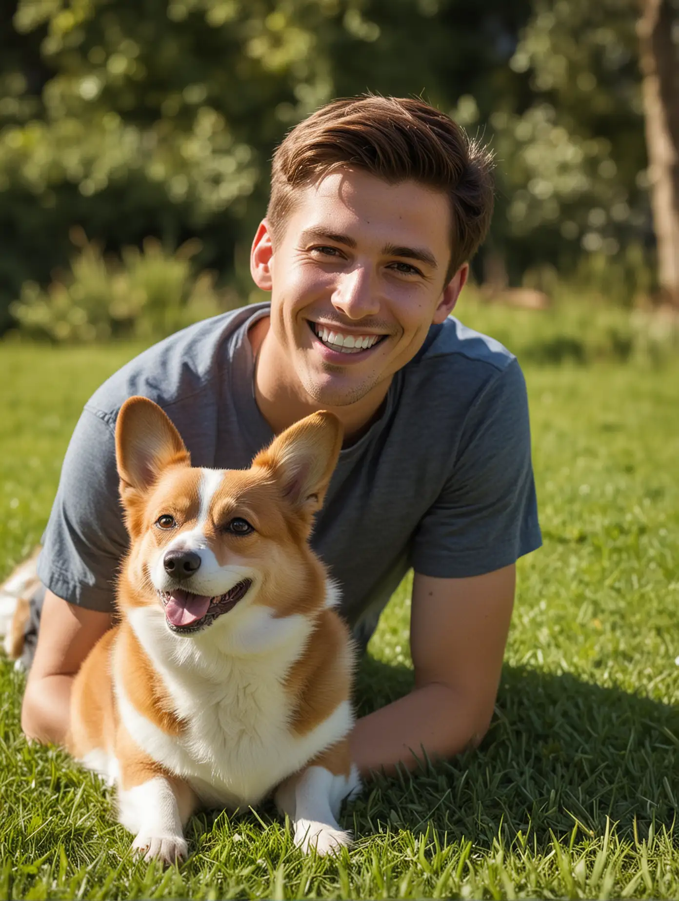 American, a handsome young man smiles for the camera and poses with a corgi dog, outdoors on the grass on a sunny day. This photo was shot Sony A7c style using a 35mm f/2 lens for a realistic look.