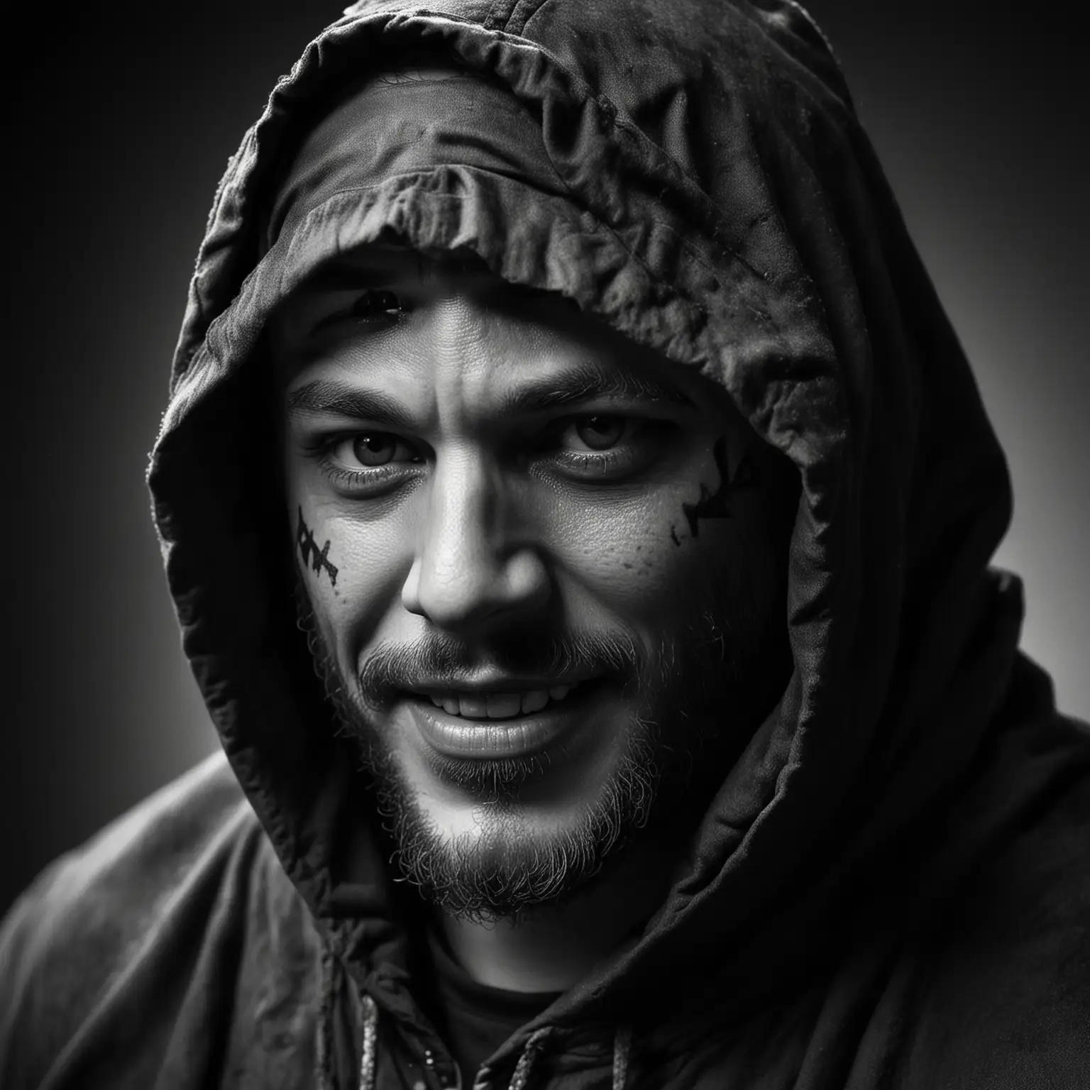 black and grey tattoo design of Tom Hardy face wearing hooded cloak, face is half shrouded in darkness, in black and white on white background, handsome Tom Hardy smile visible