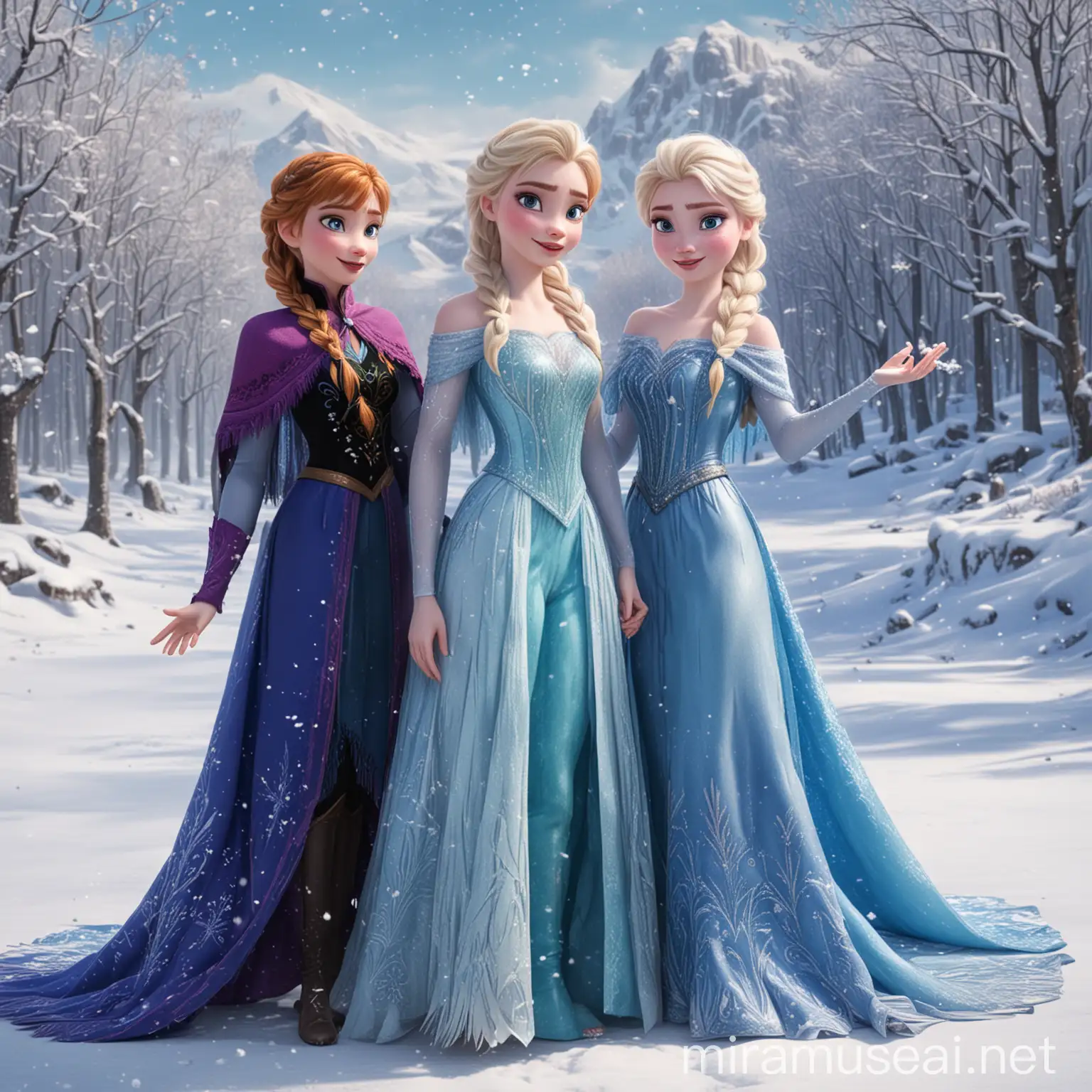 Frozen Princesses Celebrating Birthday in Snowy Landscape