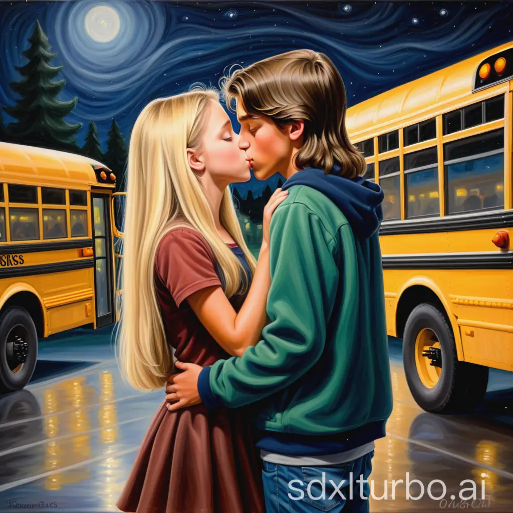 oil painting, a teens first tender kiss, teen boy has slightly long dark brown hair, teen girl has long blonde hair, 15 years old, there is a school bus in the background, it is night time, leaving school dance