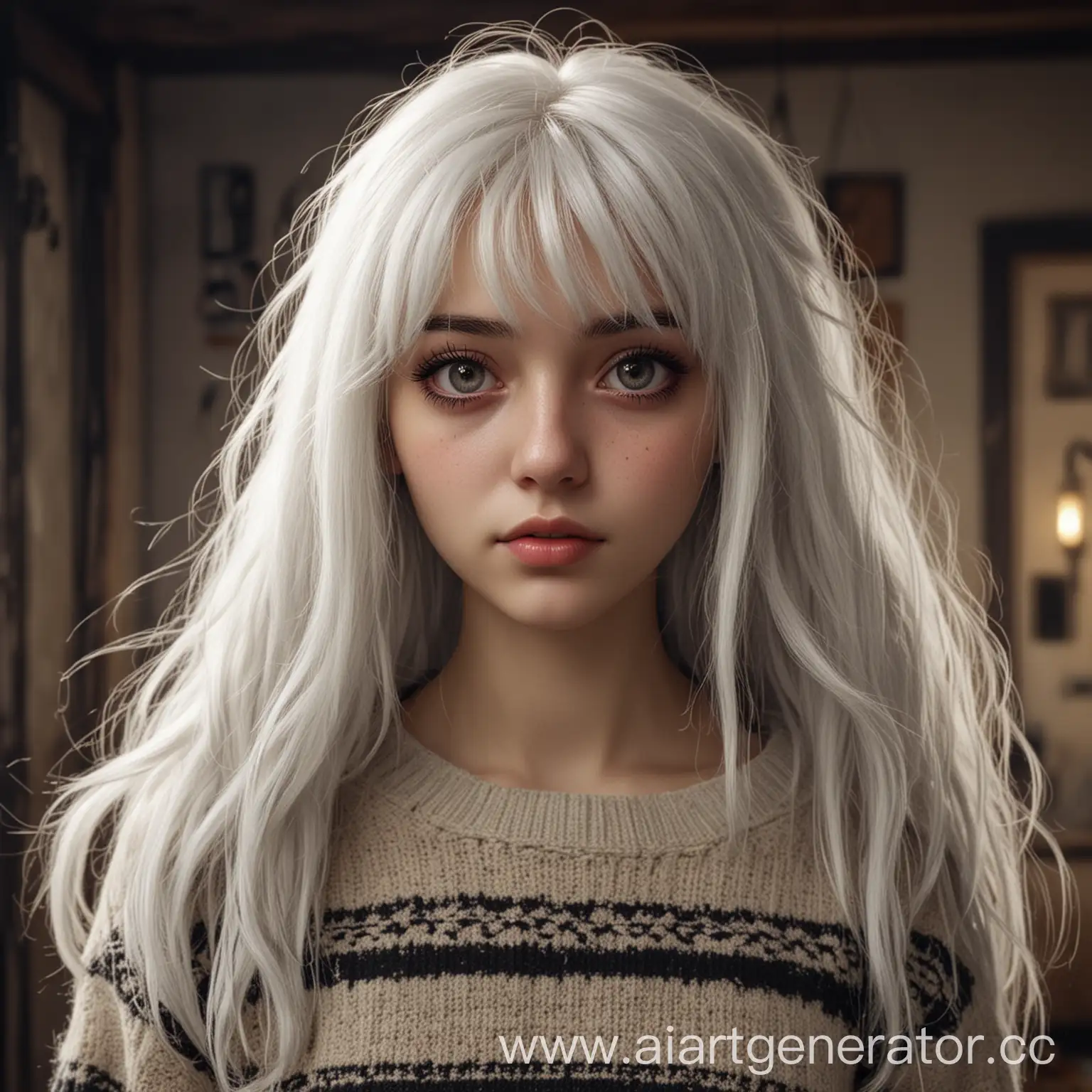Персонаж девушка,  с длинными белыми волосами, черными глазами, челка волос перекывать оин глаз европейская мощность, в рваной кофте
 . для аватара
